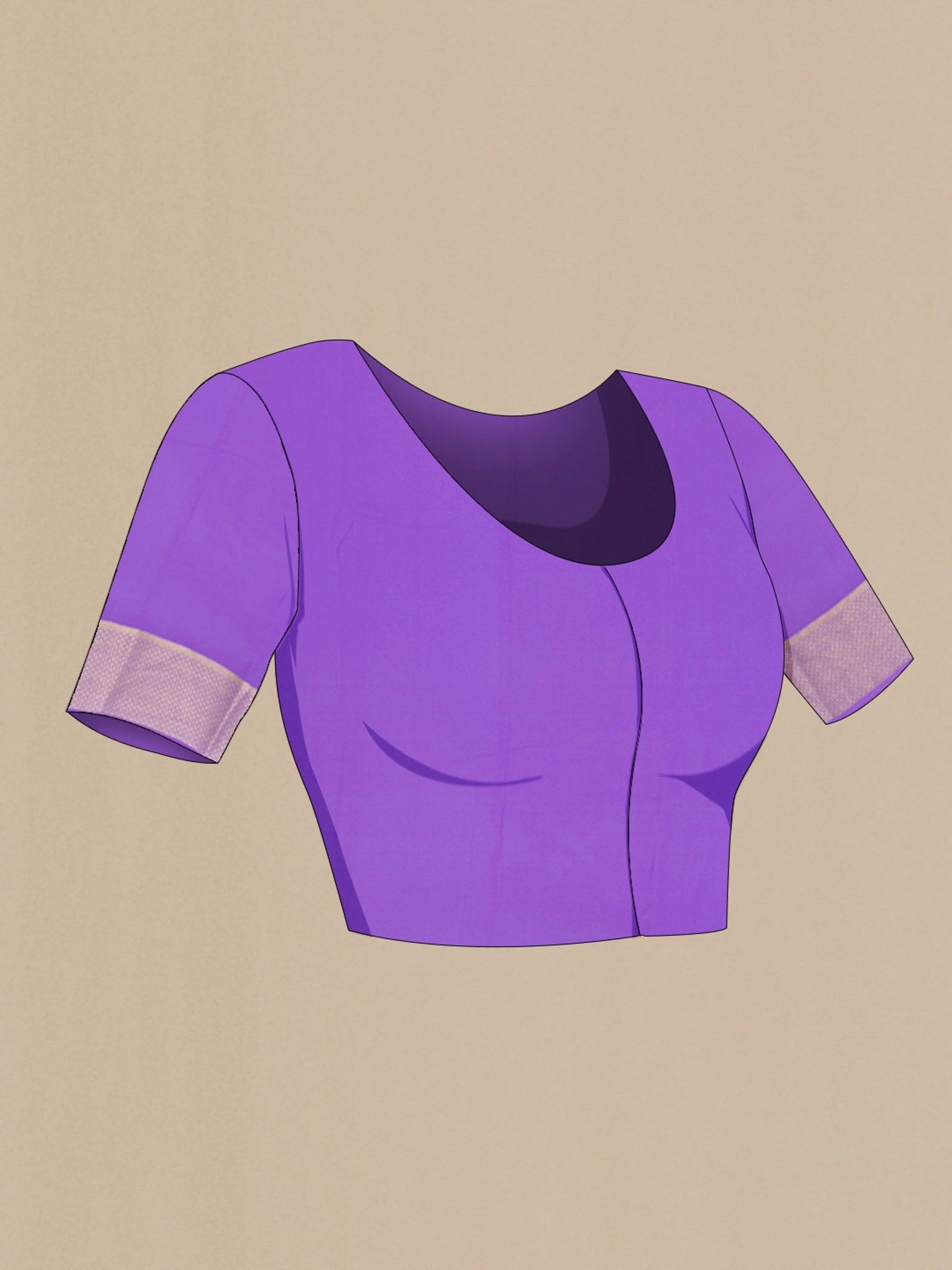 Close up image of the blouse of Lavender Mysore Crepe Saree with Zari Butta on the body and Zari Border. 