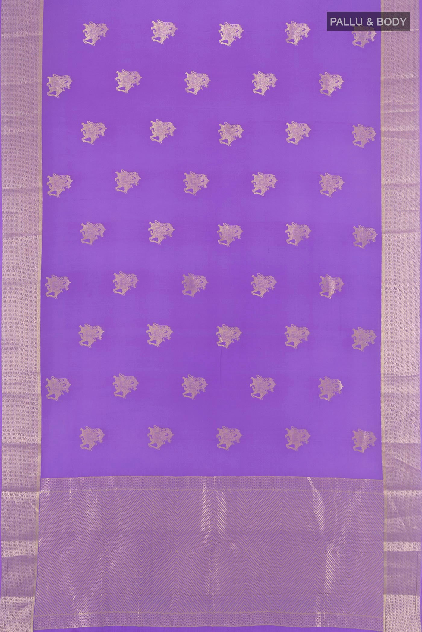 Flat view of Lavender Mysore Crepe Saree with Zari Butta on the body and Zari Border. 