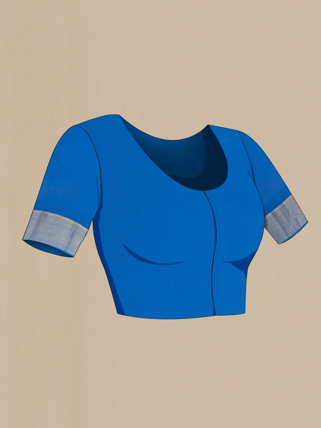 Close up image of the blouse of Royal Blue Mysore Crepe Saree with Zari Butta on the body and Zari Border. 