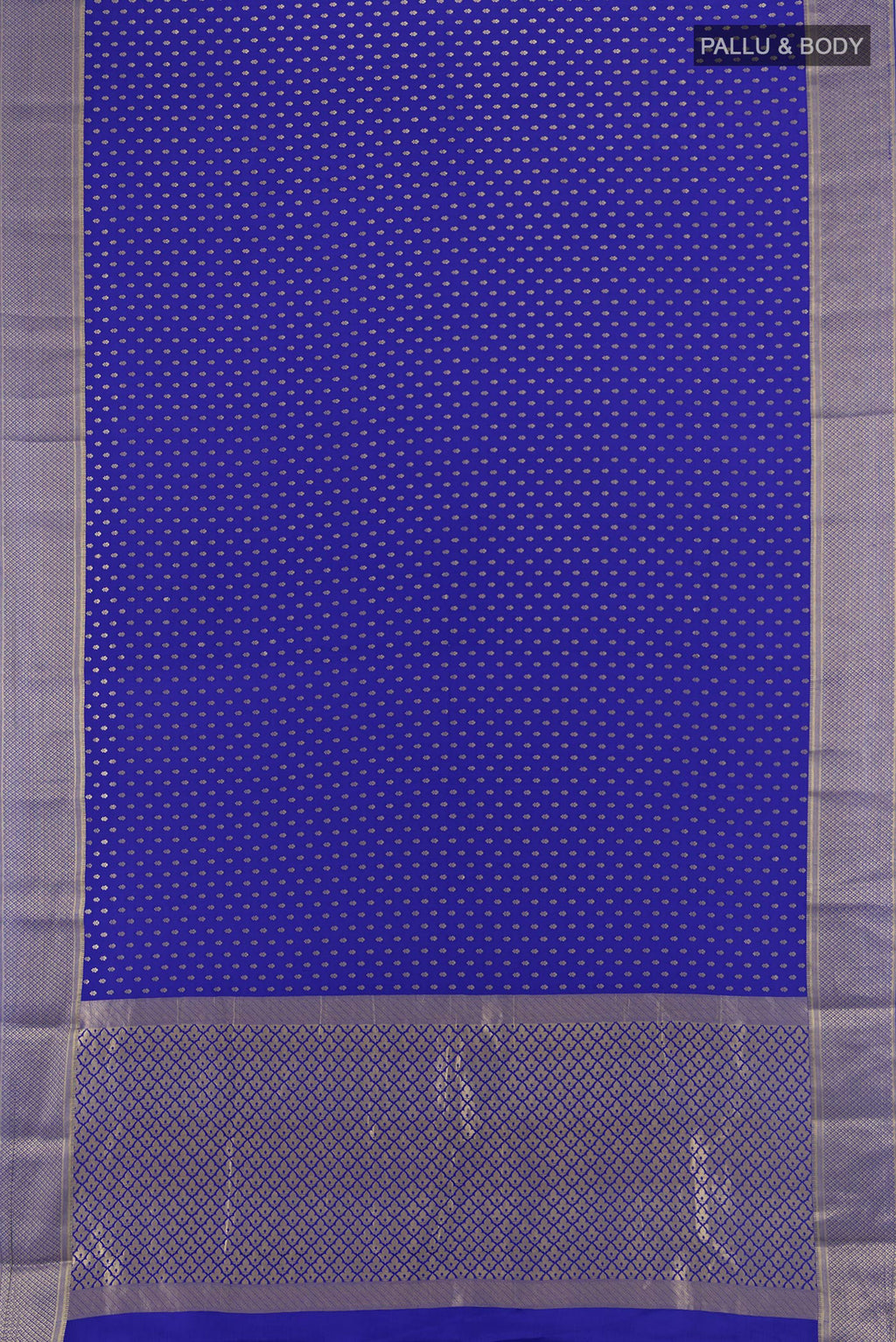 Flat view of Royal Blue Mysore Crepe Saree with Zari Butta on the body and Zari Border. 