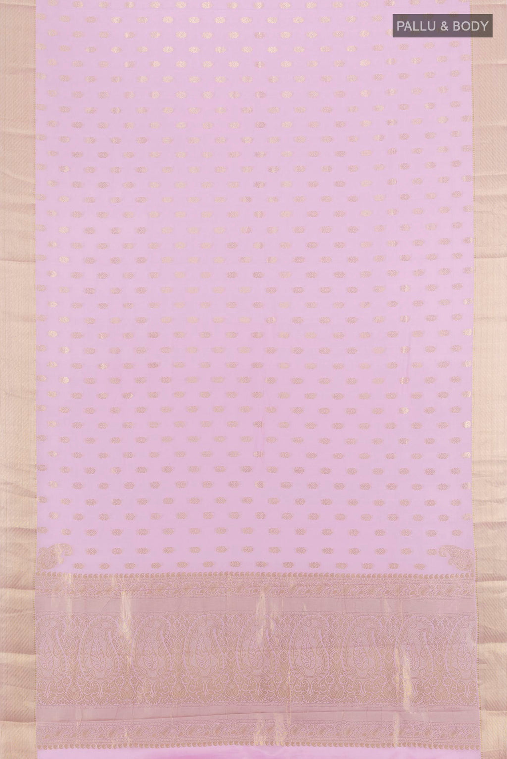 Flat view of Rose pink Mysore Crepe Saree with Zari Butta on the body and Zari Border. 