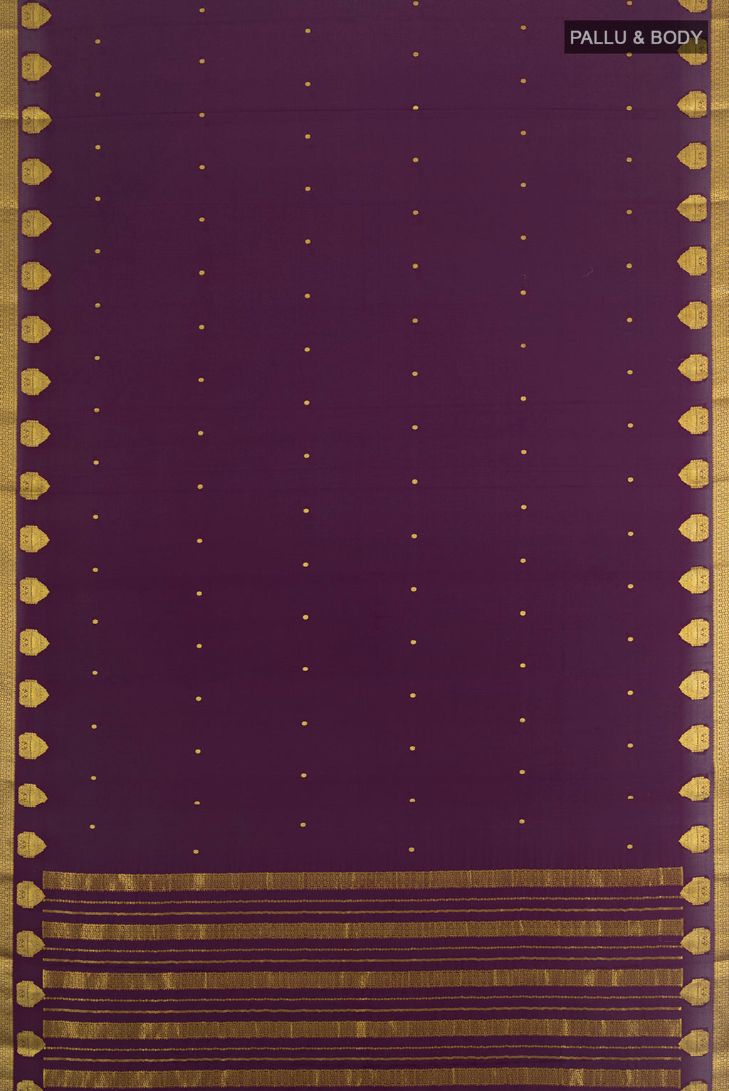 Flat view of Violet Mysore Crepe Saree with Zari Butta on the body and Zari Border. 