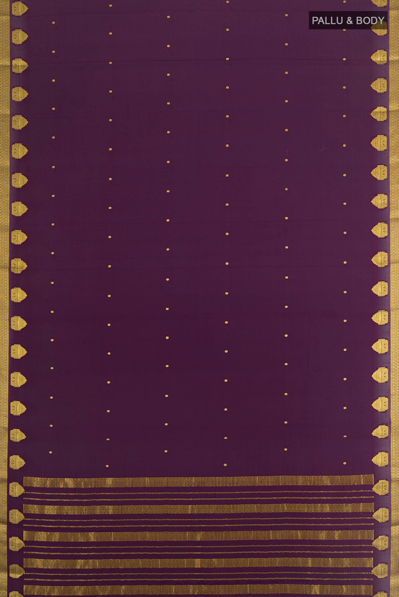 Flat view of Violet Mysore Crepe Saree with Zari Butta on the body and Zari Border. 
