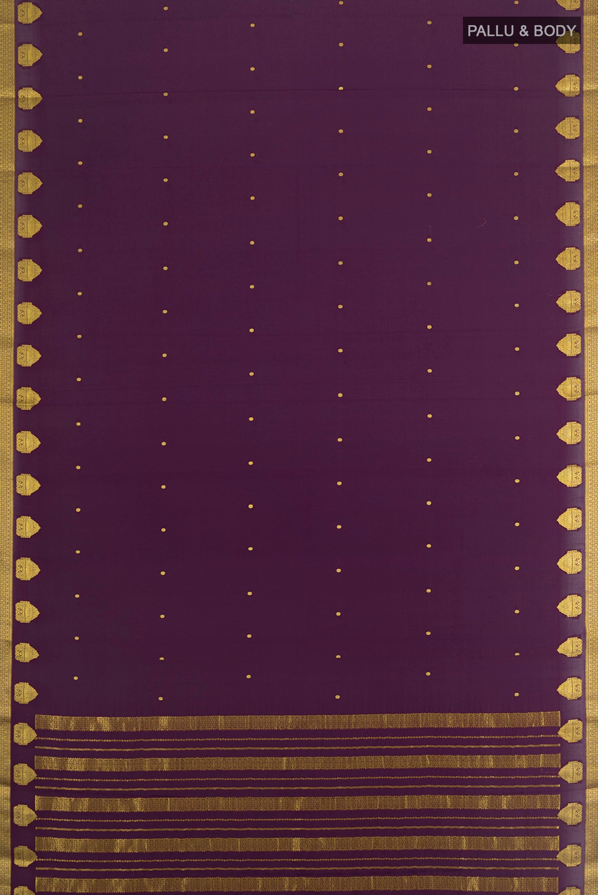 Flat view of Violet Mysore Crepe Saree with Zari Butta on the body and Zari Border. 