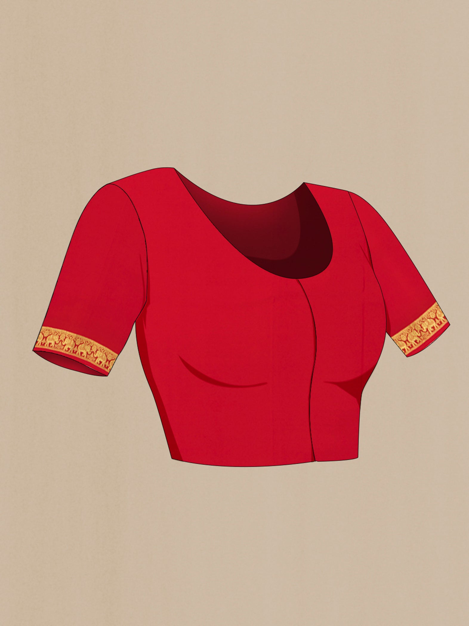 Close up image of the blouse of Red Mysore Crepe Saree with Zari Butta on the body and Zari Border. 