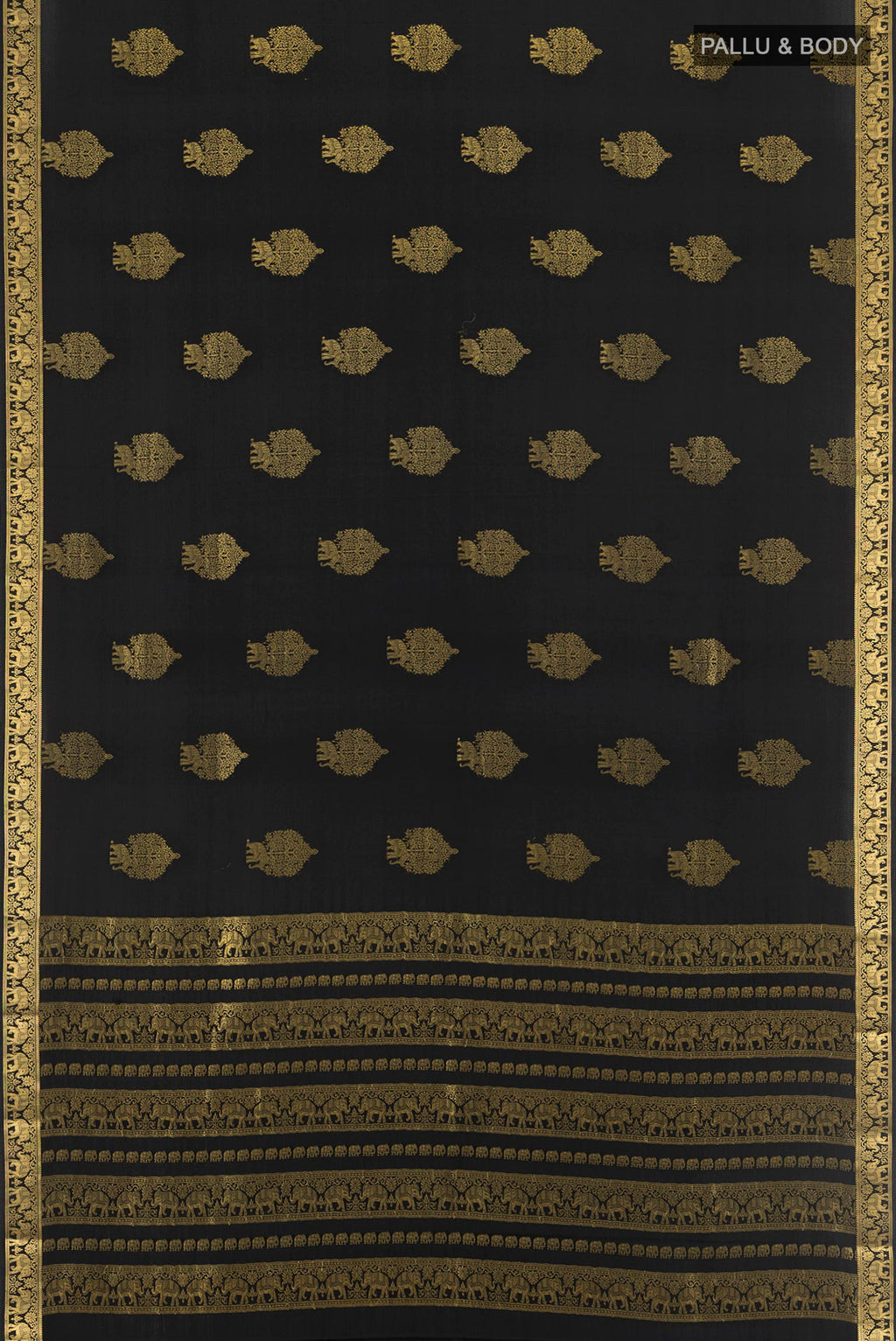Flat view of Black Mysore Crepe Saree with Zari Butta on the body and Zari Border. 