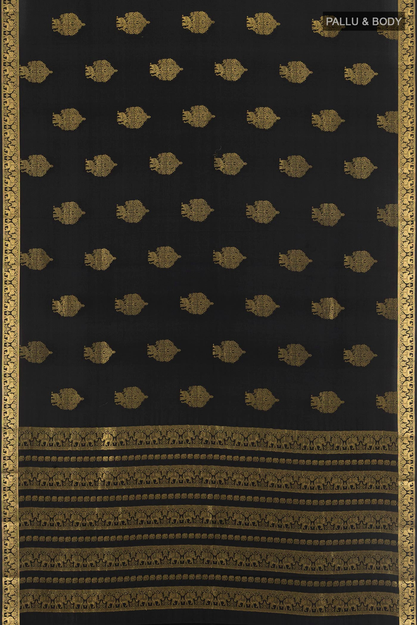 Flat view of Black Mysore Crepe Saree with Zari Butta on the body and Zari Border. 