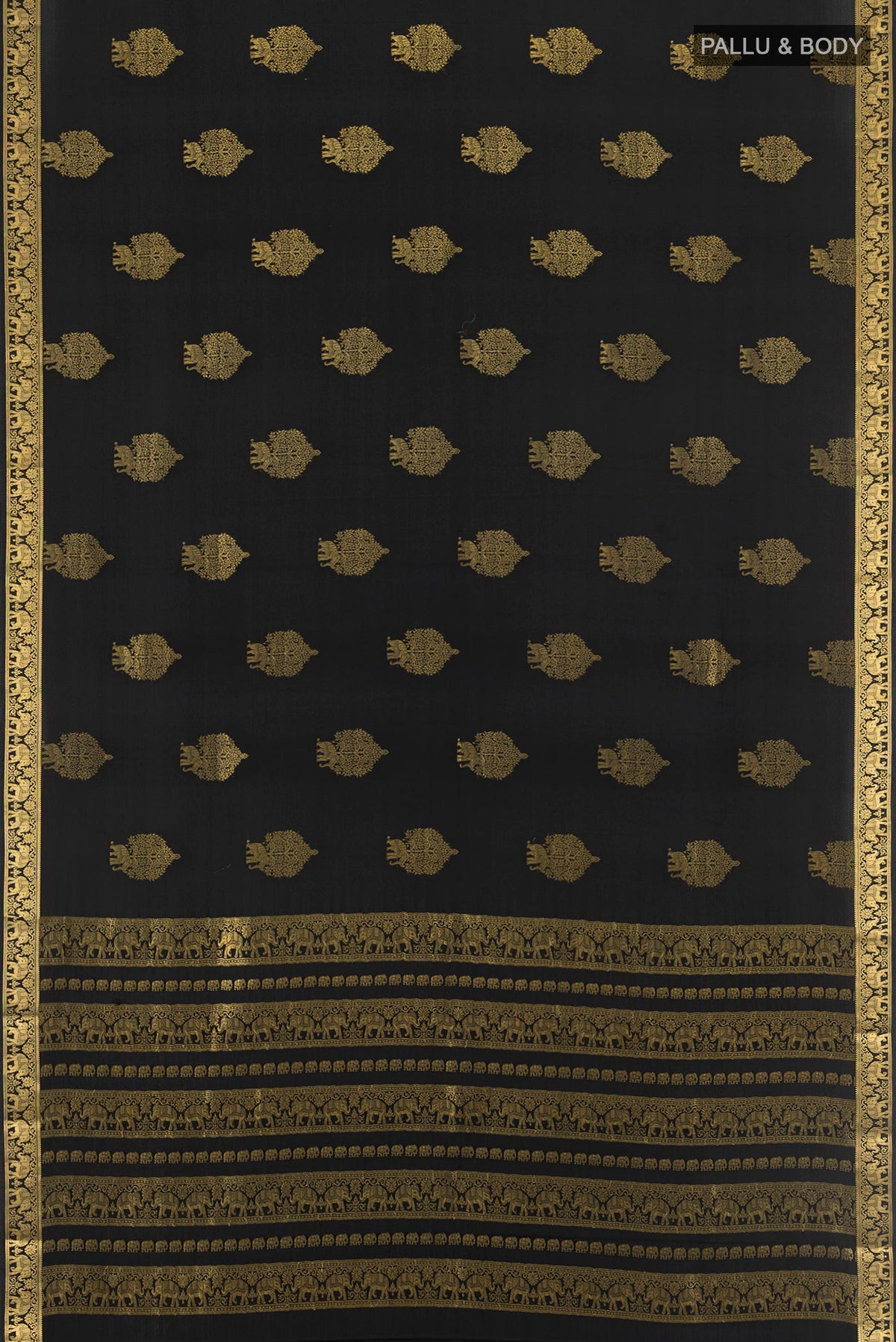 Flat view of Black Mysore Crepe Saree with Zari Butta on the body and Zari Border. 