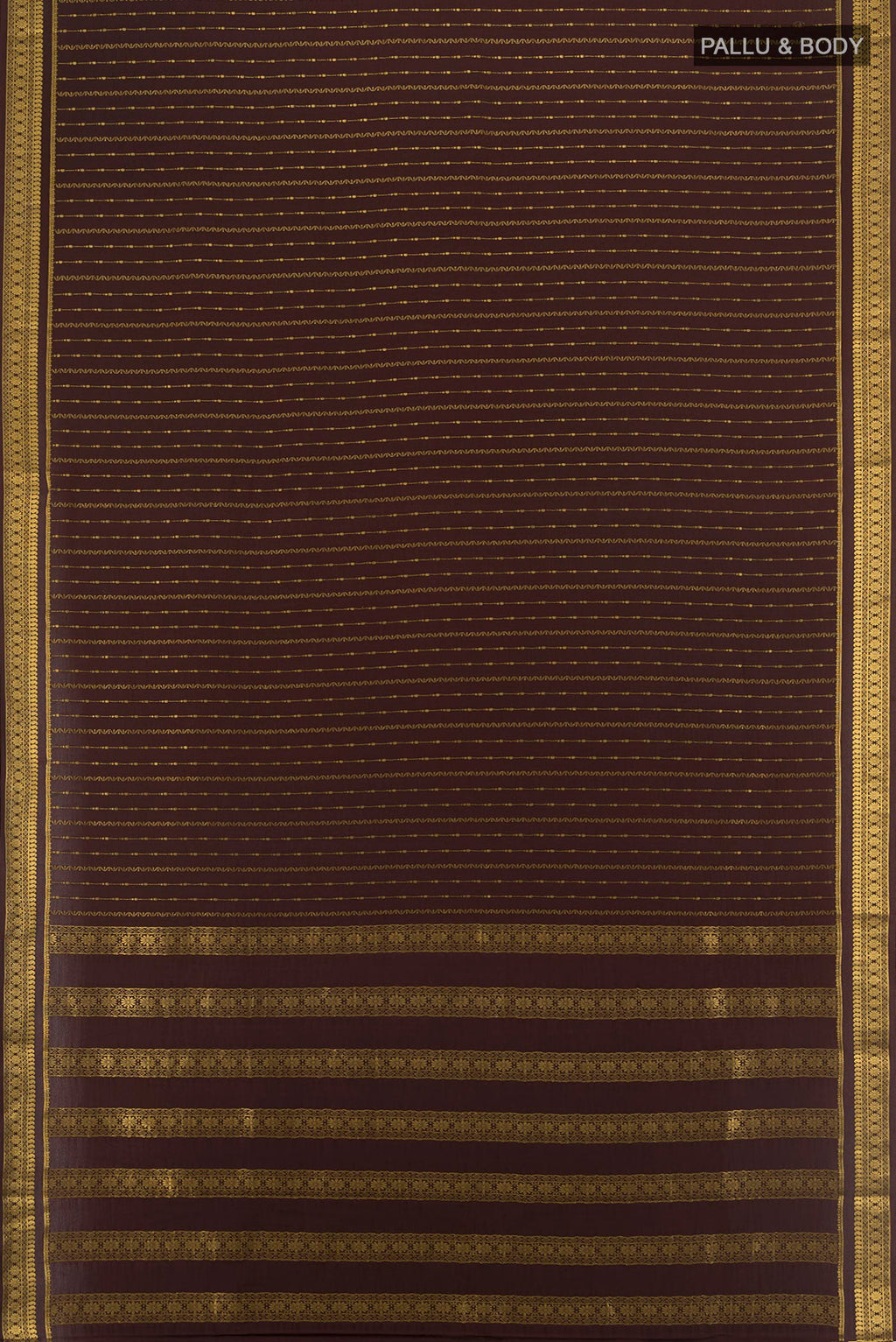 Flat view of Coffee Brown Mysore Crepe Saree with Stripes on the body and Zari Border. 