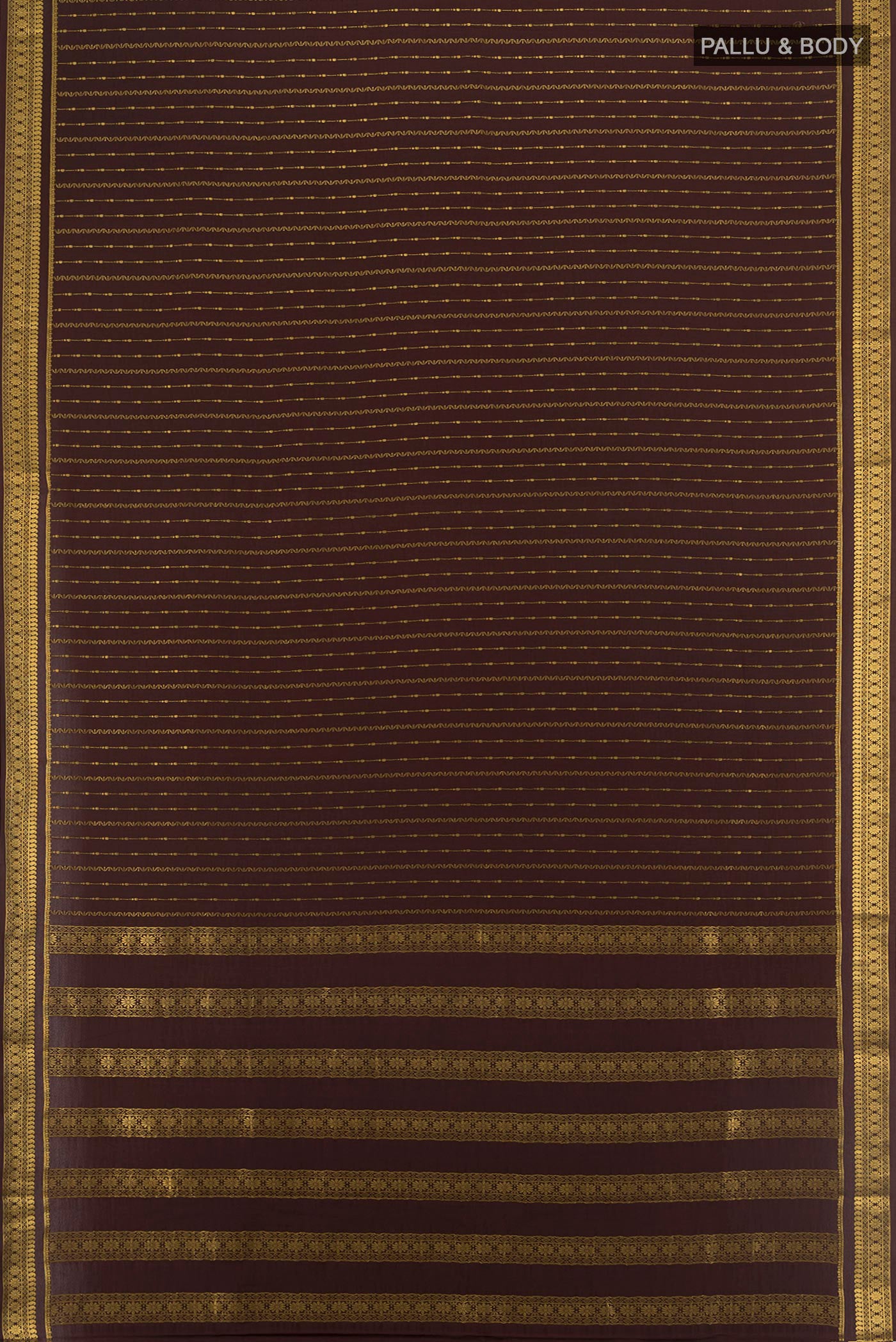 Flat view of Coffee Brown Mysore Crepe Saree with Stripes on the body and Zari Border. 