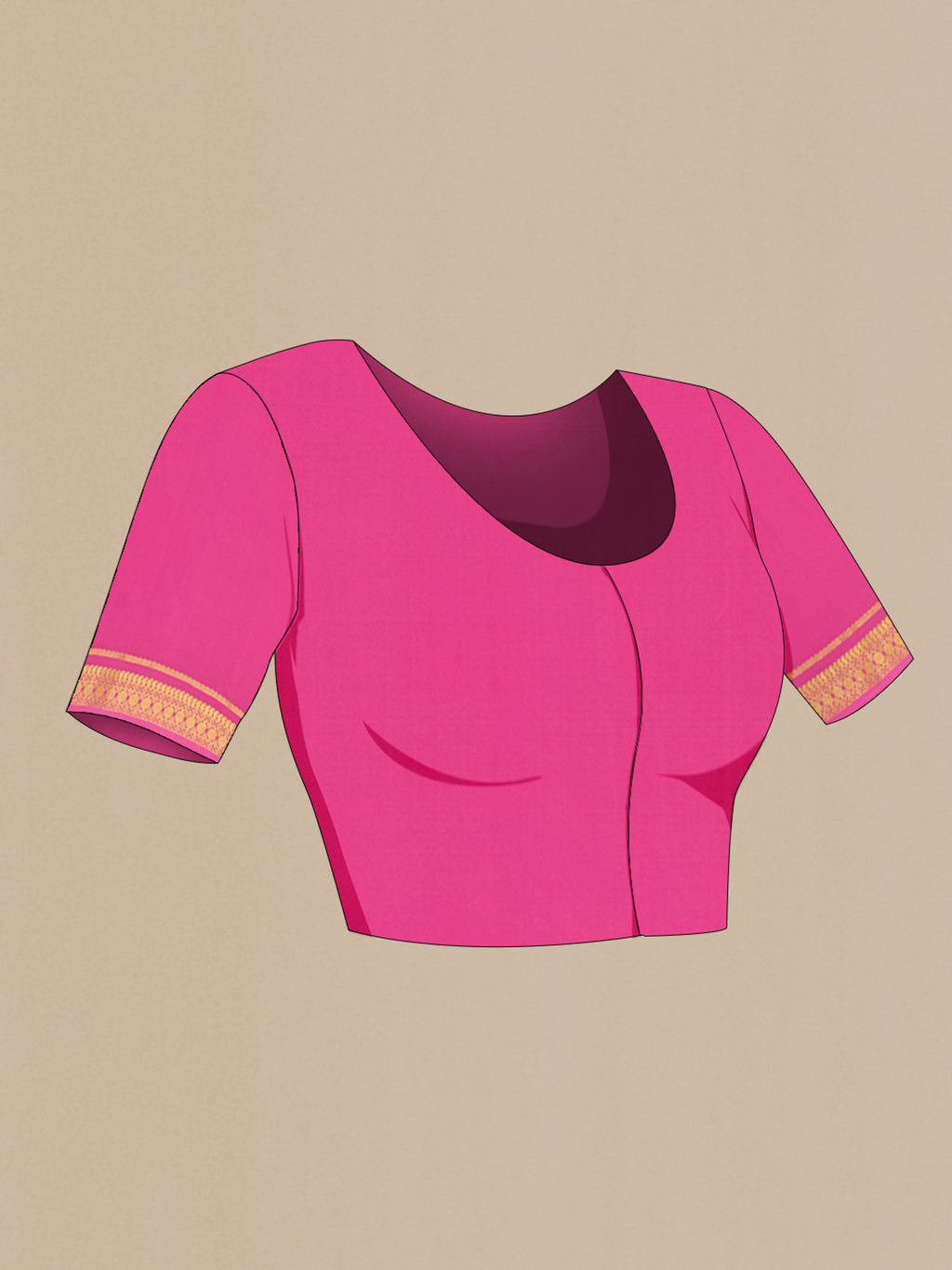 Close up image of the blouse of Rose pink Mysore Crepe Saree with Stripes on the body and Zari Border. 