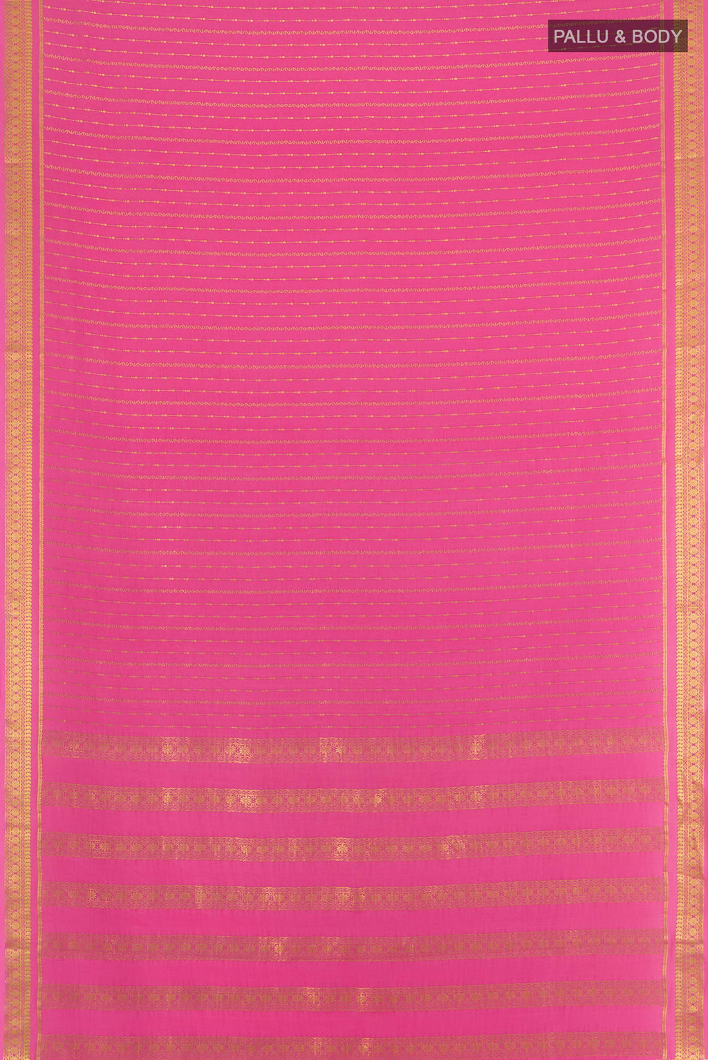 Flat view of Rose pink Mysore Crepe Saree with Stripes on the body and Zari Border. 