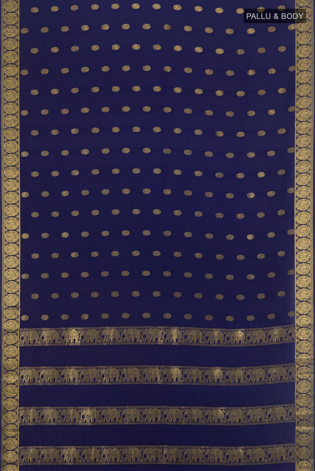 Flat view of Navy Blue Mysore Crepe Saree with Zari Butta on the body and Zari Border. 