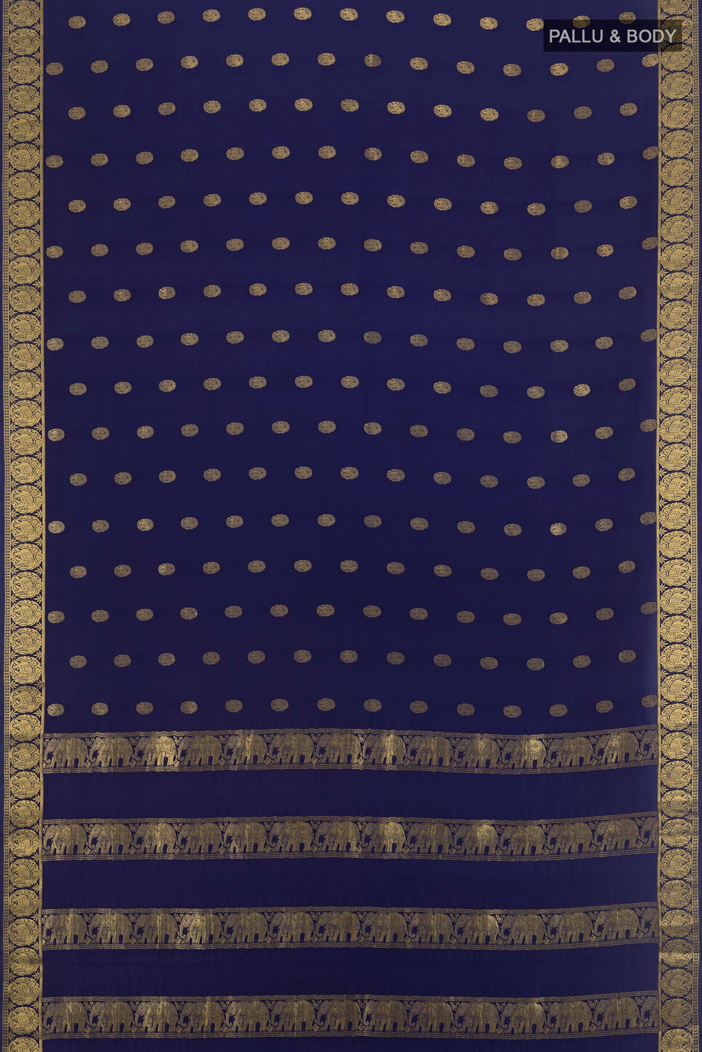 Flat view of Navy Blue Mysore Crepe Saree with Zari Butta on the body and Zari Border. 