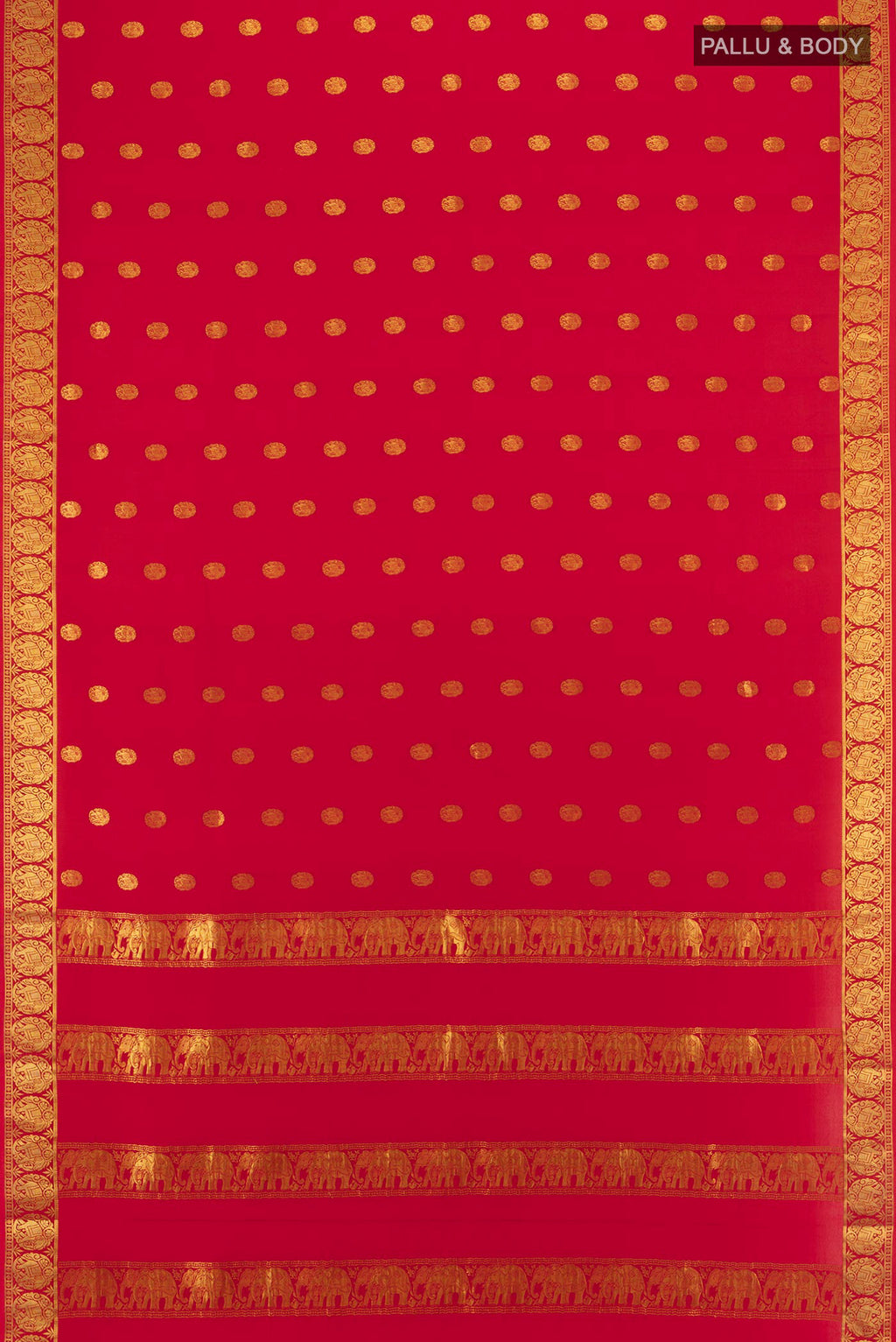 Flat view of Red Mysore Crepe Saree with Zari Butta on the body and Zari Border. 