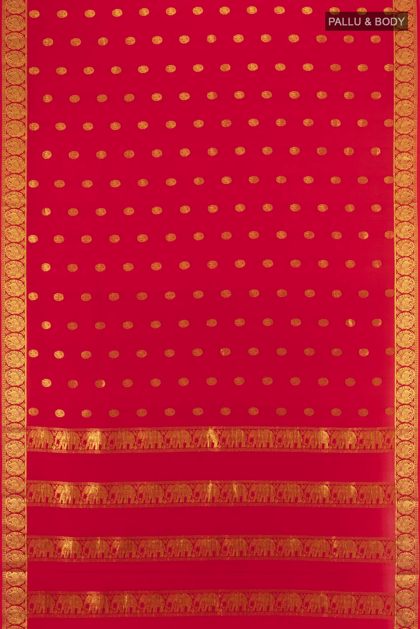 Flat view of Red Mysore Crepe Saree with Zari Butta on the body and Zari Border. 