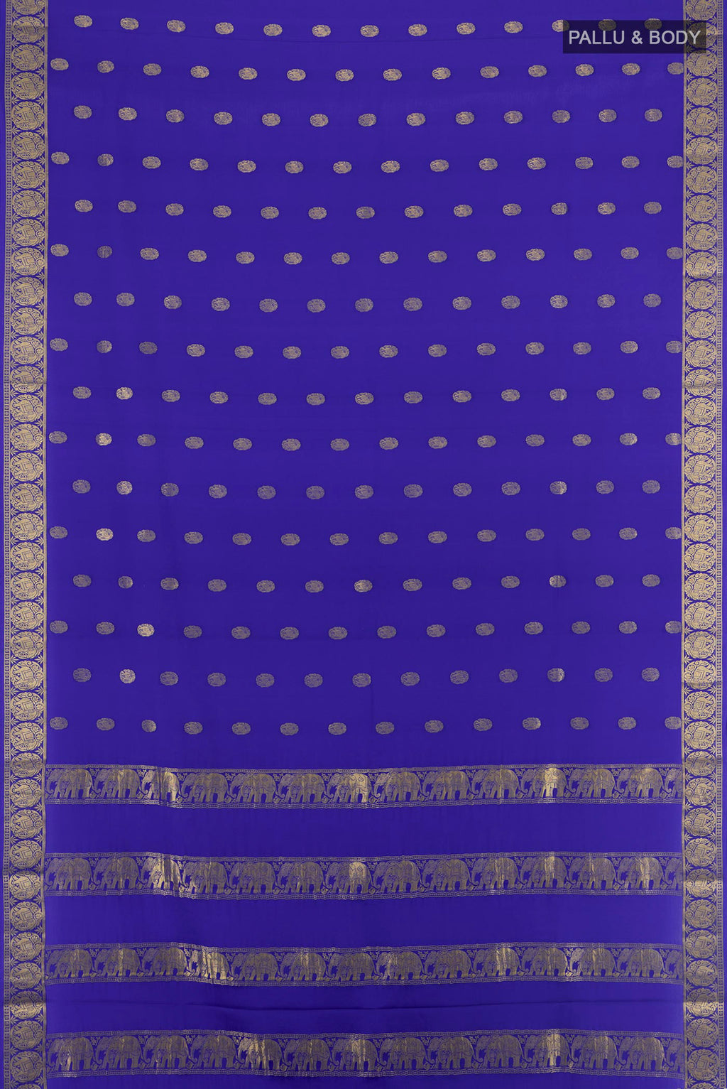 Flat view of Royal Blue Mysore Crepe Saree with Zari Butta on the body and Zari Border. 