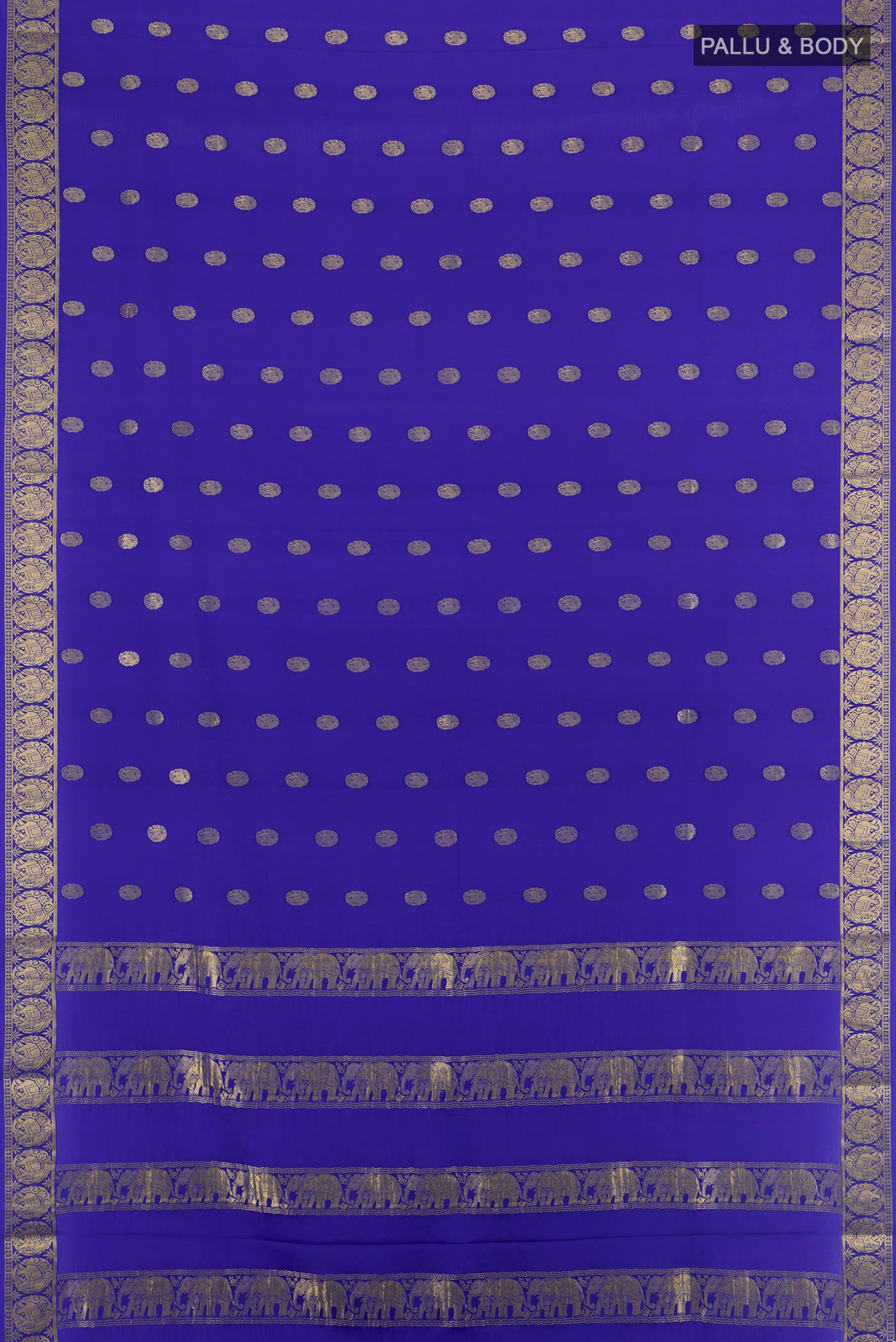 Flat view of Royal Blue Mysore Crepe Saree with Zari Butta on the body and Zari Border. 