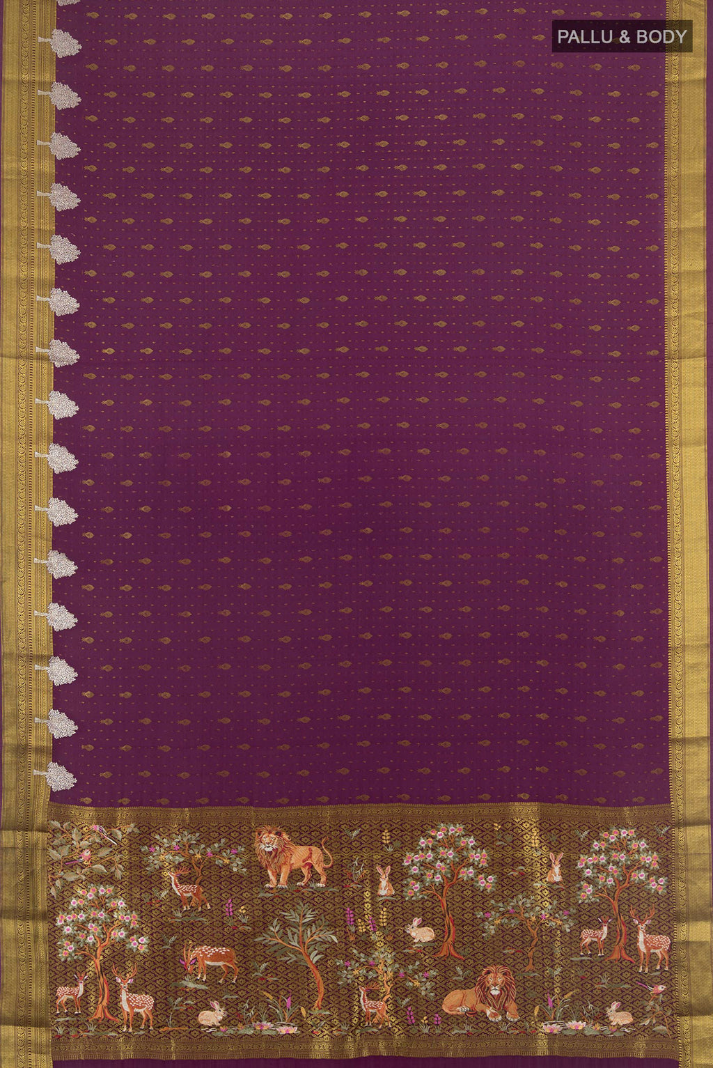 Flat view of Purple Mysore Crepe Saree with Zari Butta on the body and Zari Border. 