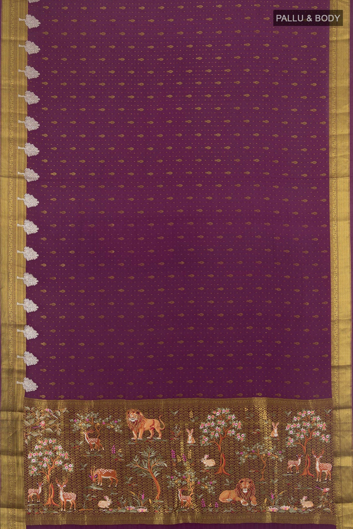 Flat view of Purple Mysore Crepe Saree with Zari Butta on the body and Zari Border. 