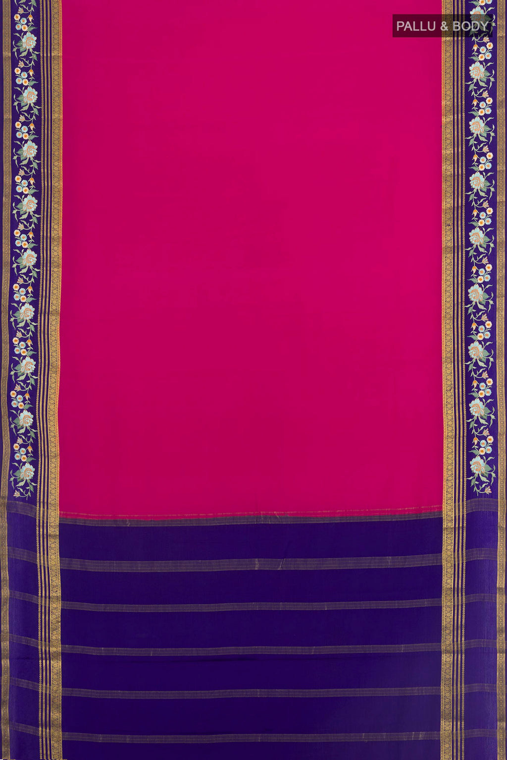 Flat view of Dark Pink Mysore Crepe Saree with Plain Body and Zari Border. 