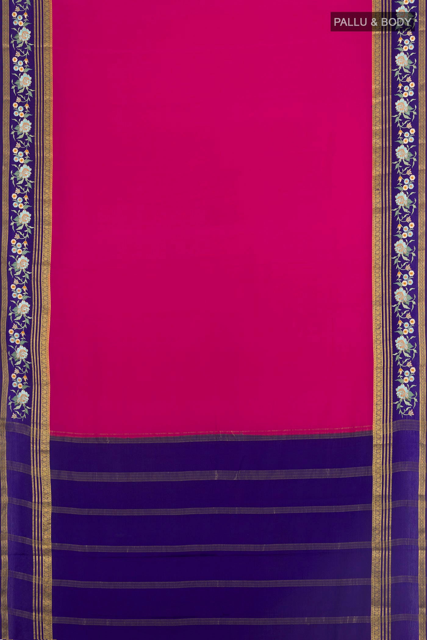 Flat view of Dark Pink Mysore Crepe Saree with Plain Body and Zari Border. 