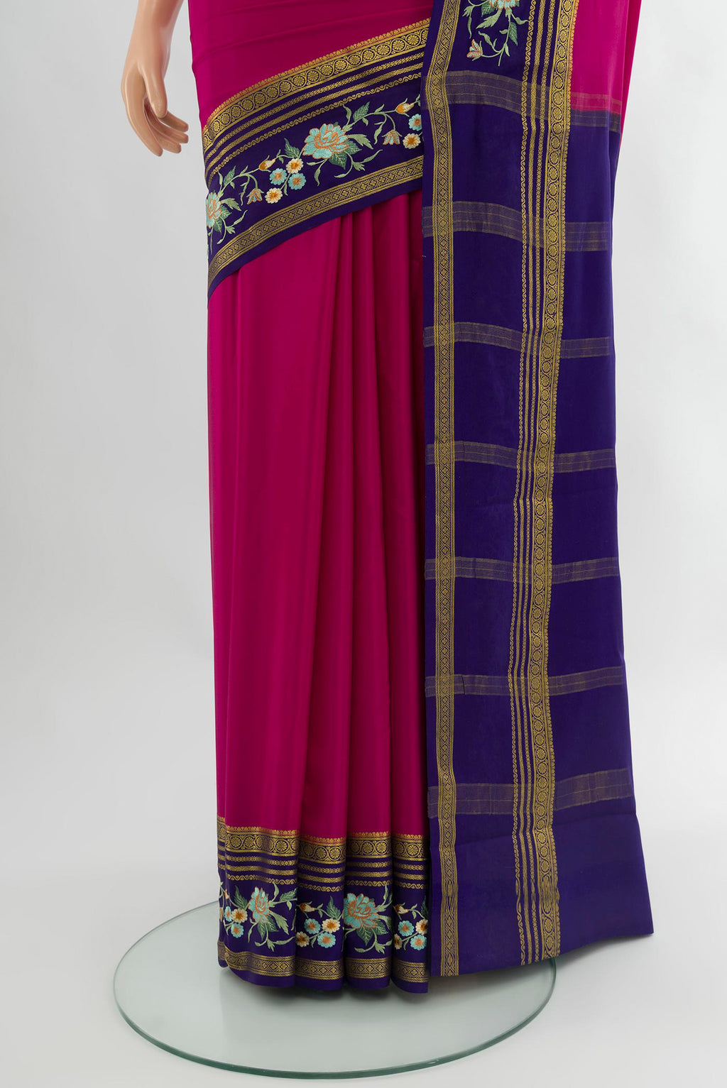 Pleats and pallu of Dark Pink Mysore Crepe Saree with Plain Body and Zari Border. 