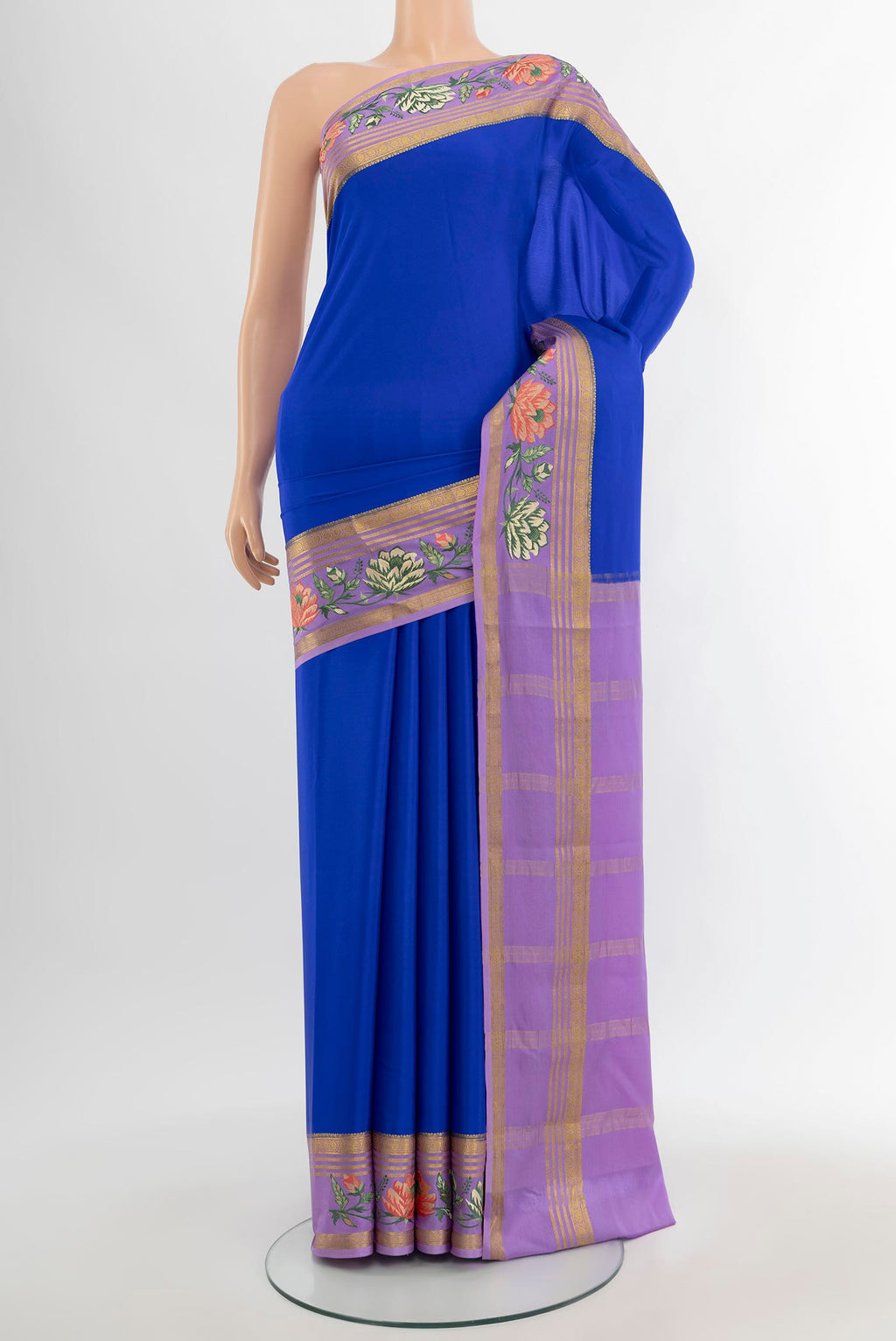 Royal Blue Mysore Crepe Saree with Plain Body and Zari Border.  displayed on a mannequin