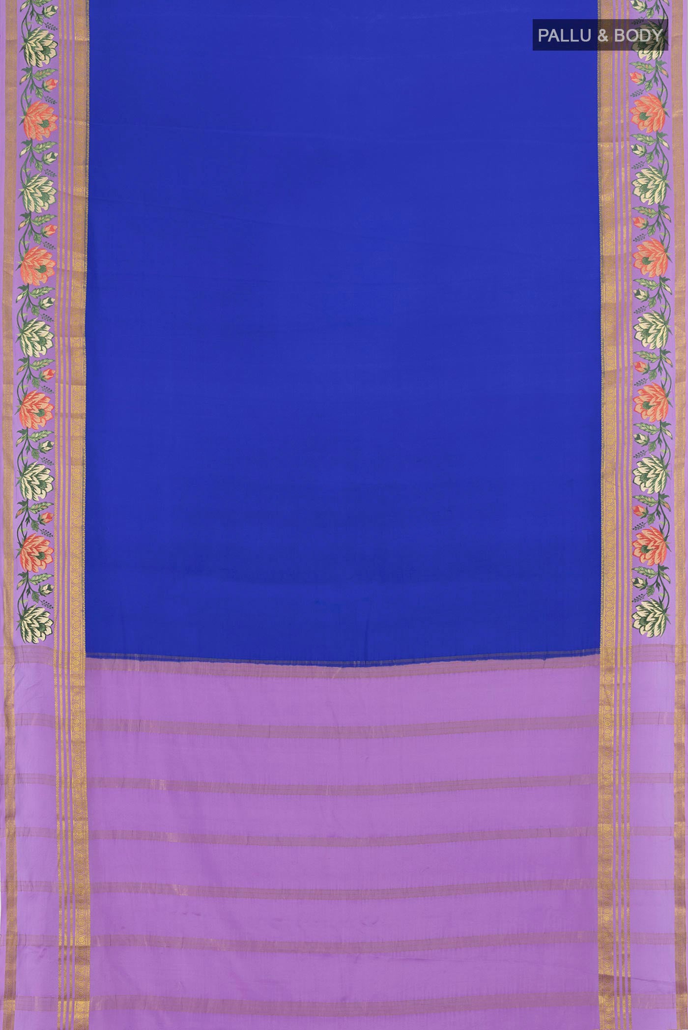Flat view of Royal Blue Mysore Crepe Saree with Plain Body and Zari Border. 