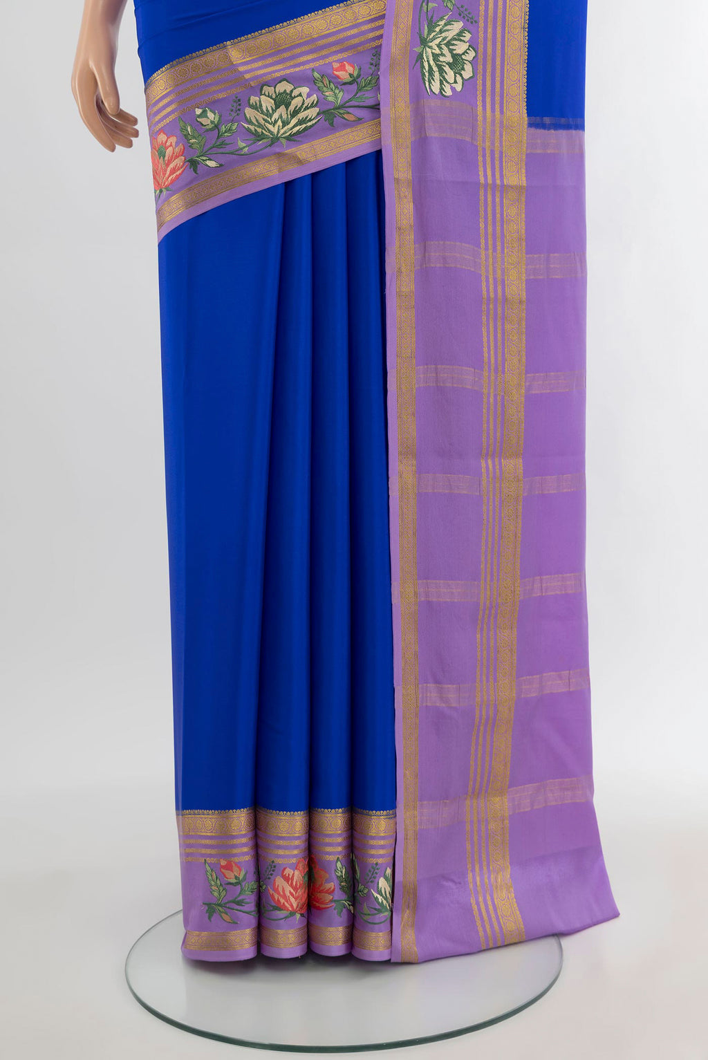 Pleats and pallu of Royal Blue Mysore Crepe Saree with Plain Body and Zari Border. 