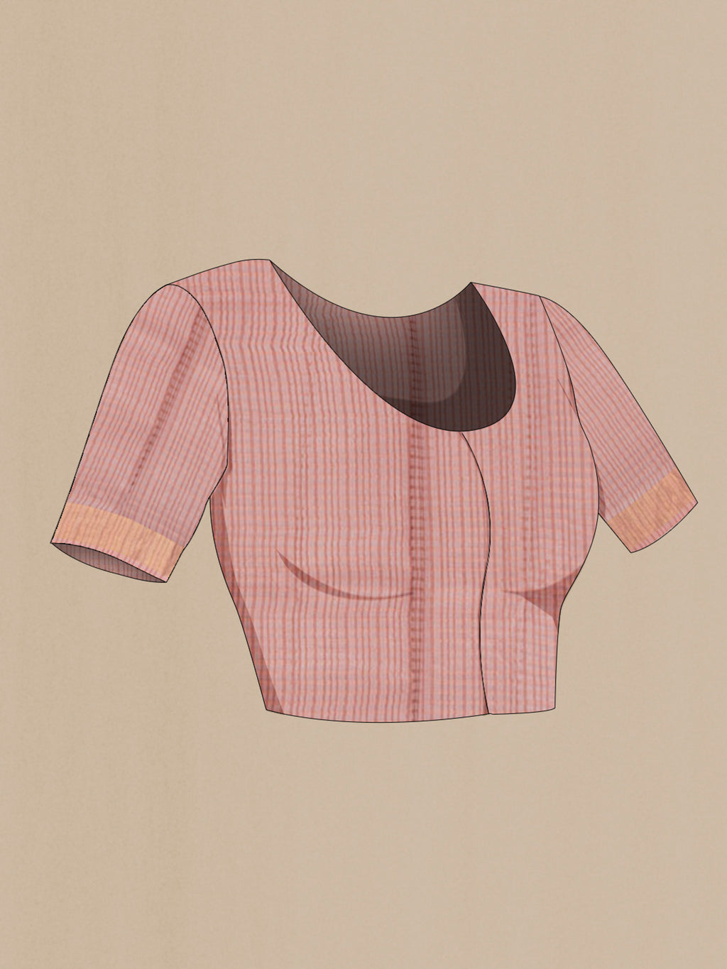 Close up image of the blouse of Peach Tussar Saree with Checked design on the body and Zari Border. 