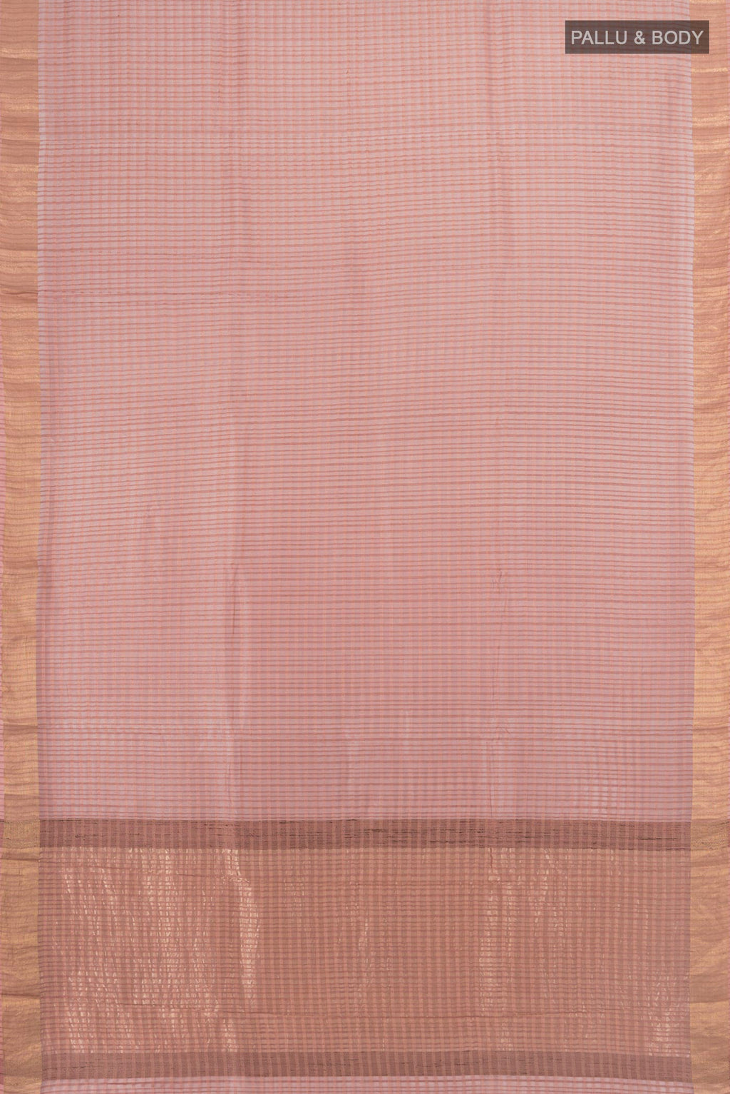Flat view of Peach Tussar Saree with Checked design on the body and Zari Border. 