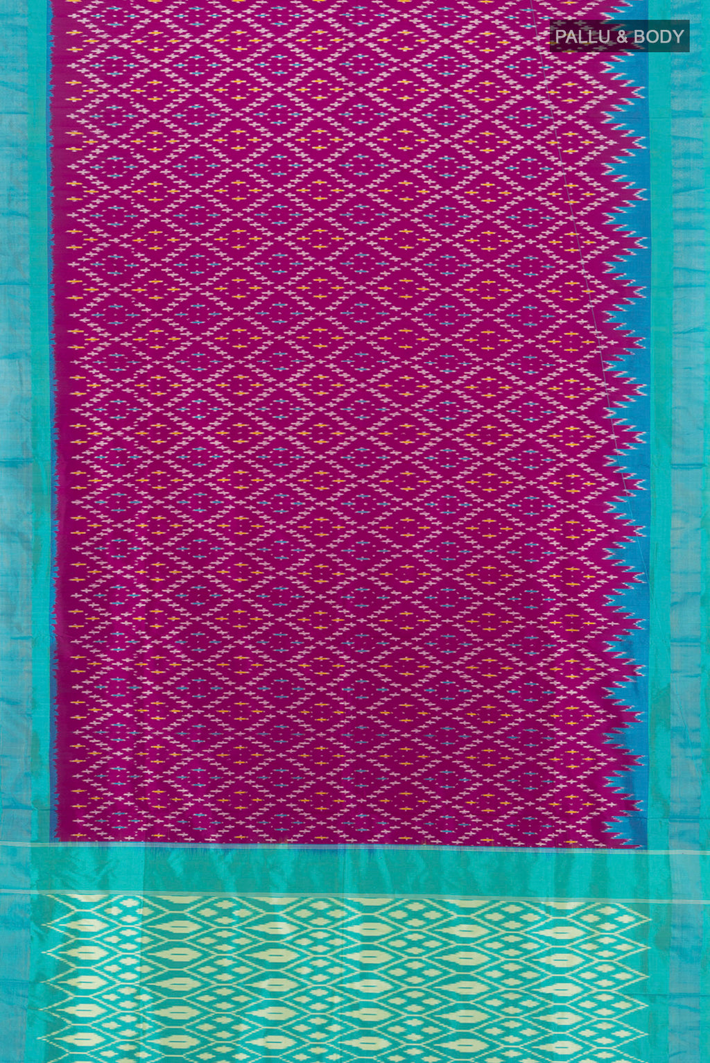 Flat view of Magenta Pochampally Silk Saree with Ikat design on the body and Zari Border. 
