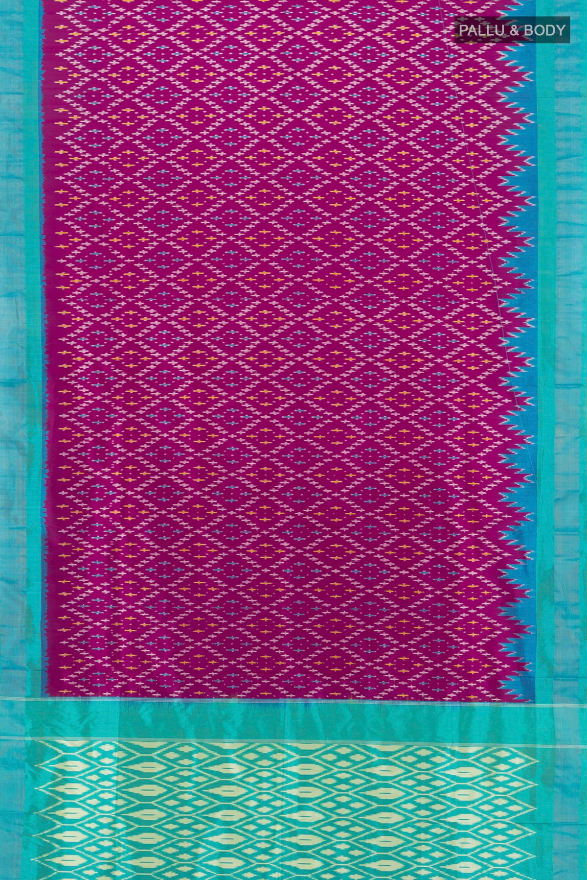 Flat view of Magenta Pochampally Silk Saree with Ikat design on the body and Zari Border. 