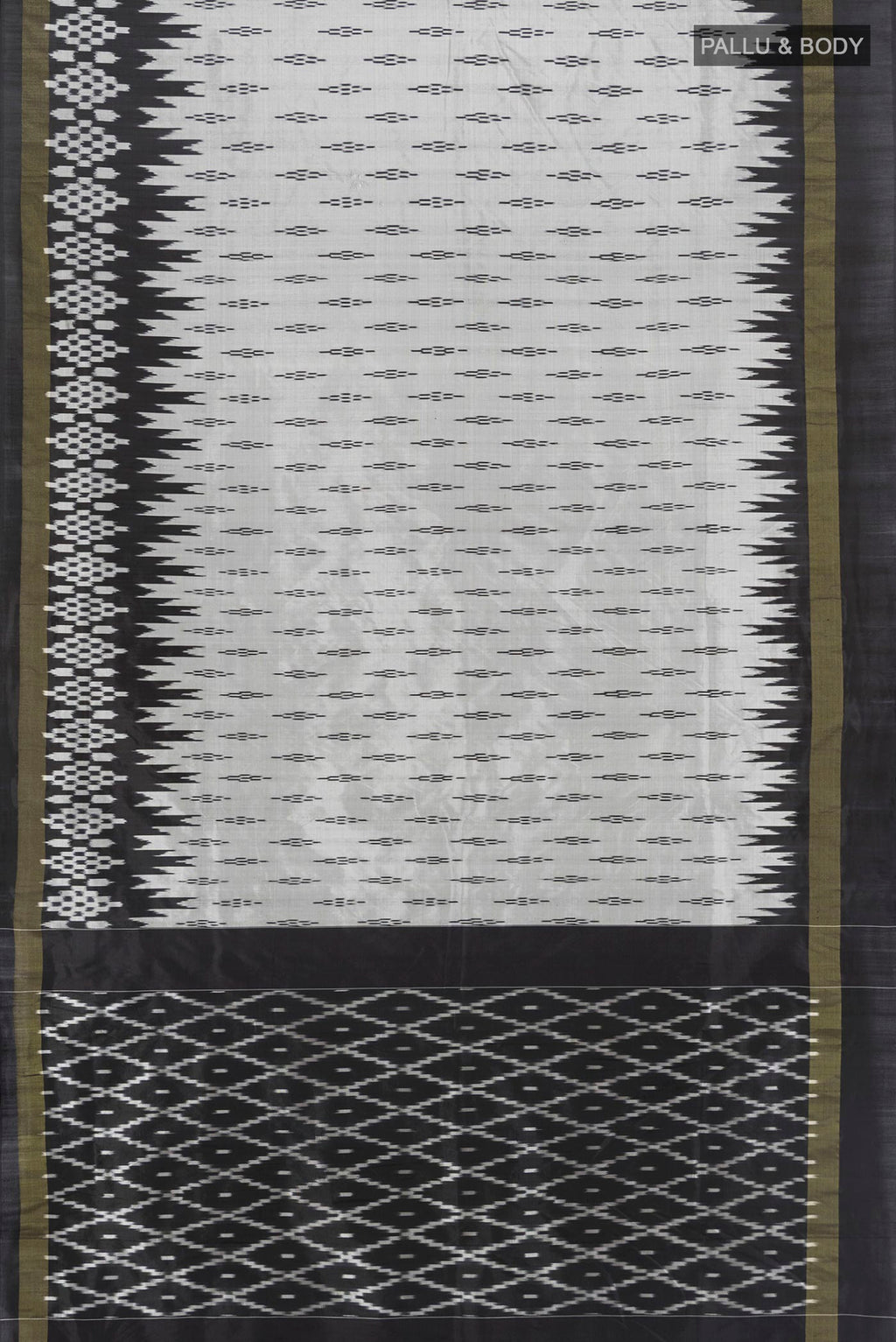 Flat view of Grey Pochampally Silk Saree with Ikat design on the body and Ikat Border. 