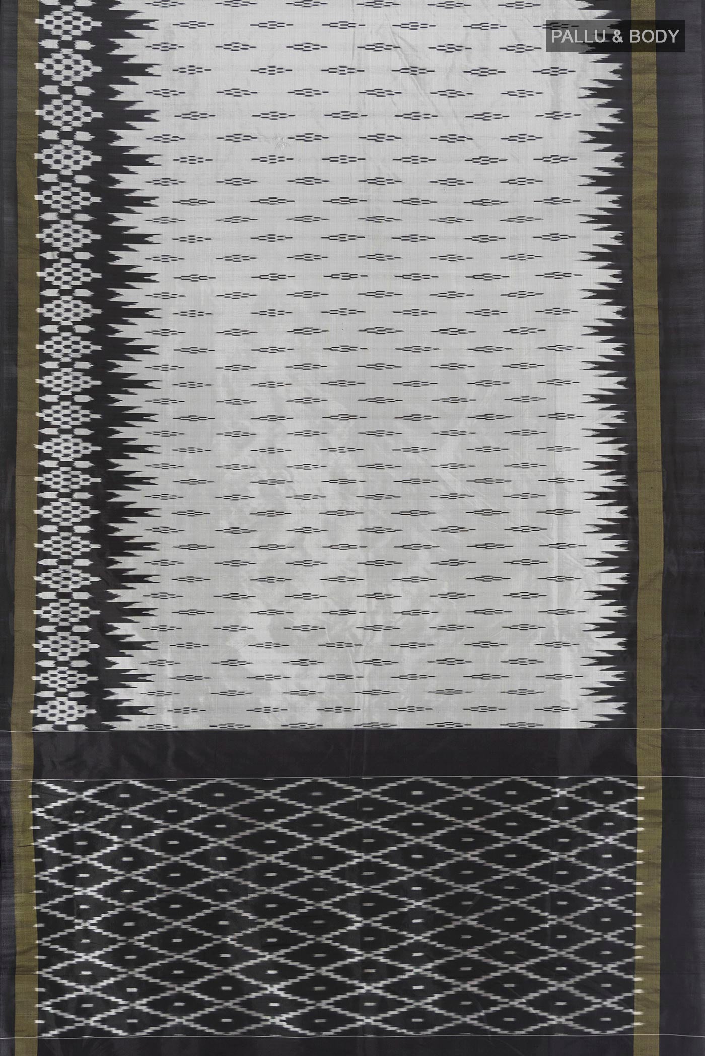 Flat view of Grey Pochampally Silk Saree with Ikat design on the body and Ikat Border. 