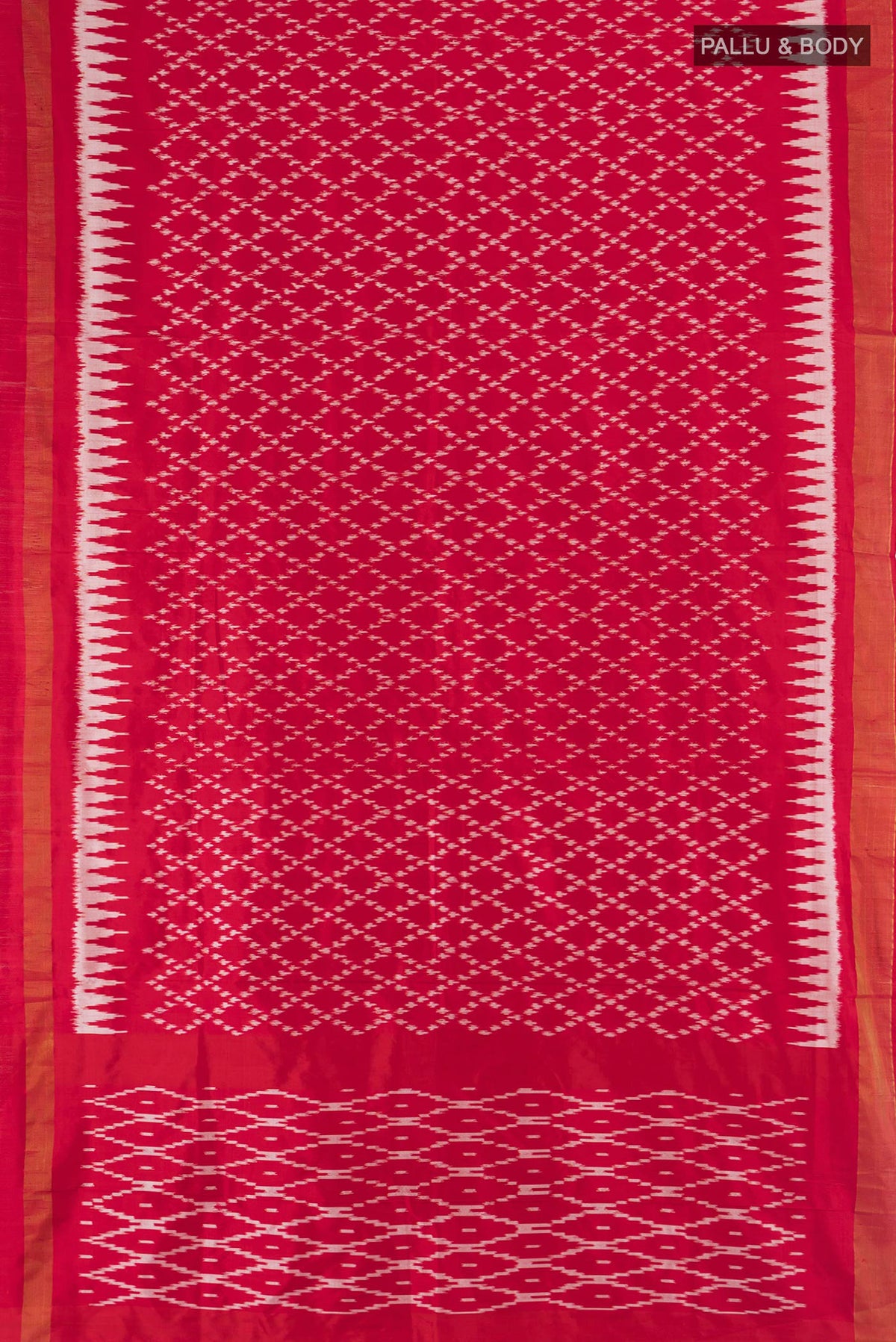 Flat view of Pure Silk Red Pochampally Saree with Pure Ikat on the body and Zari Border. 