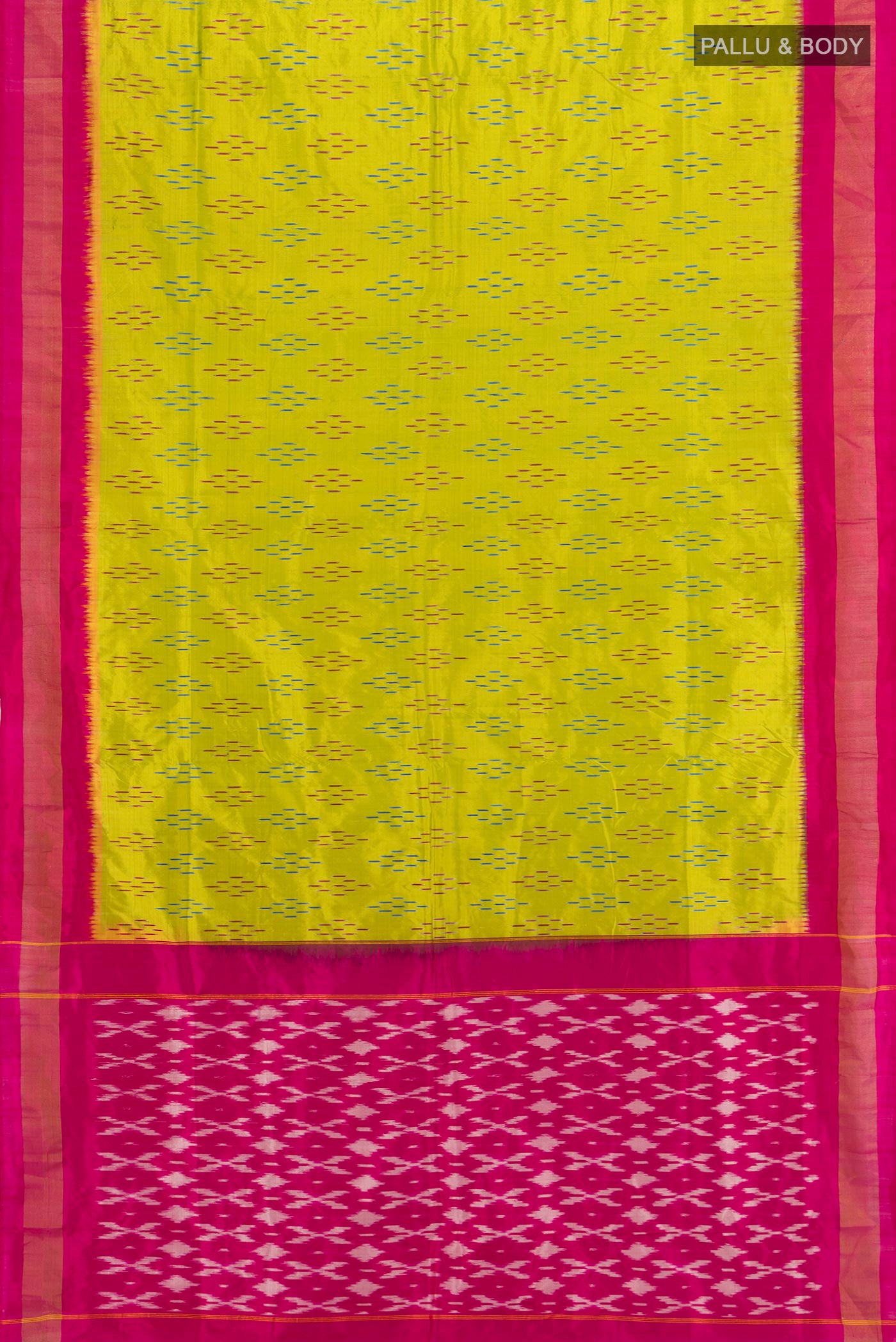 Flat view of Parrot Green Pochampally Silk Saree with Ikat design on the body and Zari Border. 