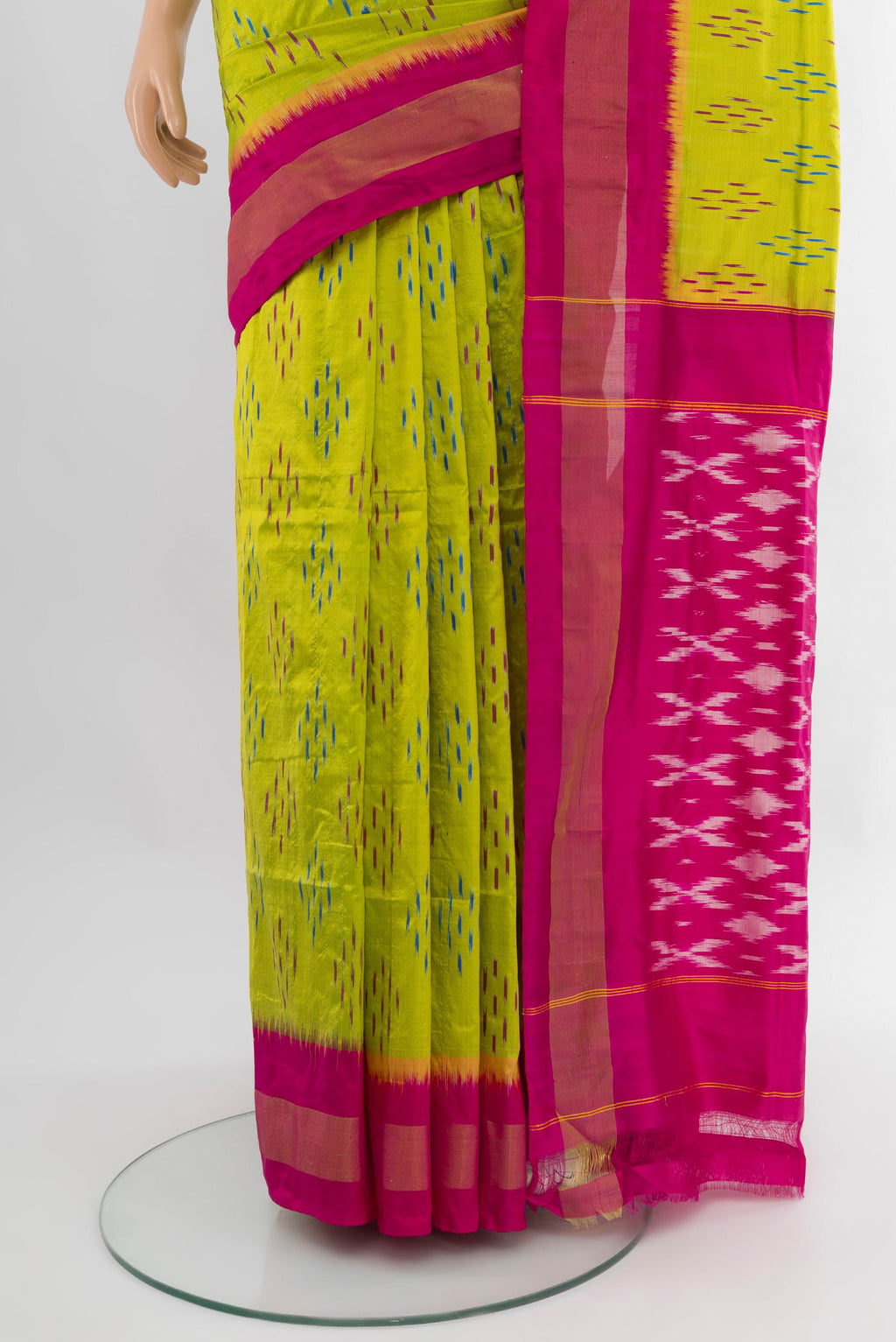 Pleats and pallu of Parrot Green Pochampally Silk Saree with Ikat design on the body and Zari Border. 