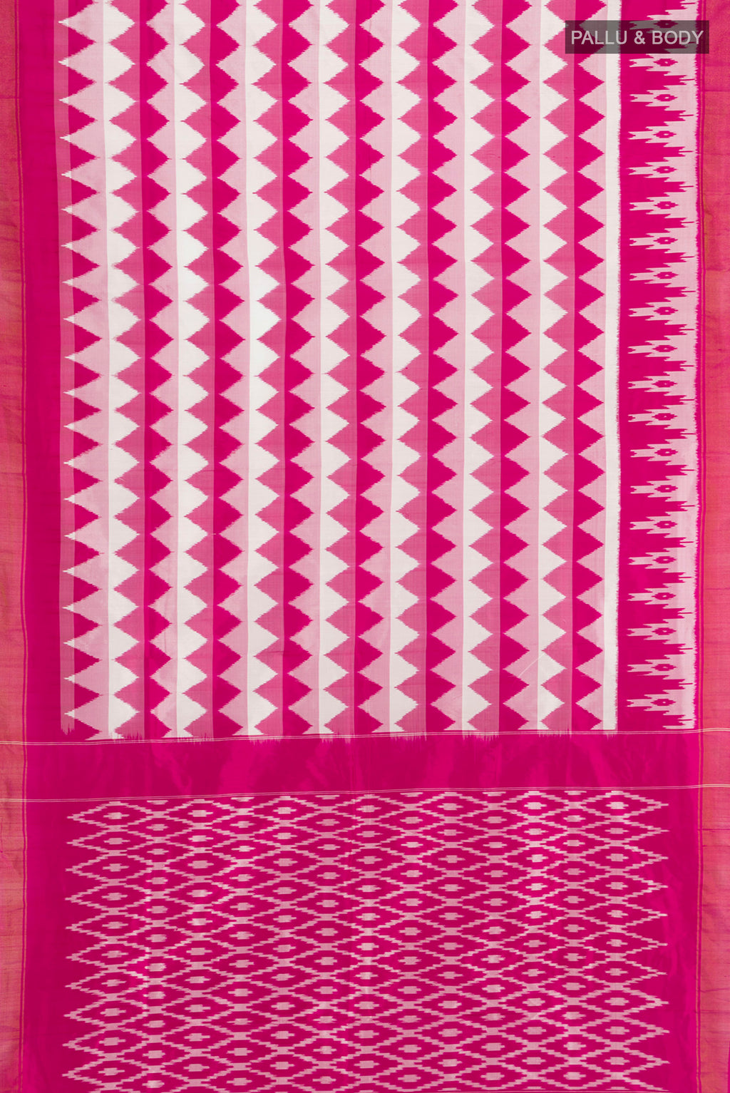 Flat view of Pink Pochampally Silk Saree with Ikat design on the body and Zari Border. 