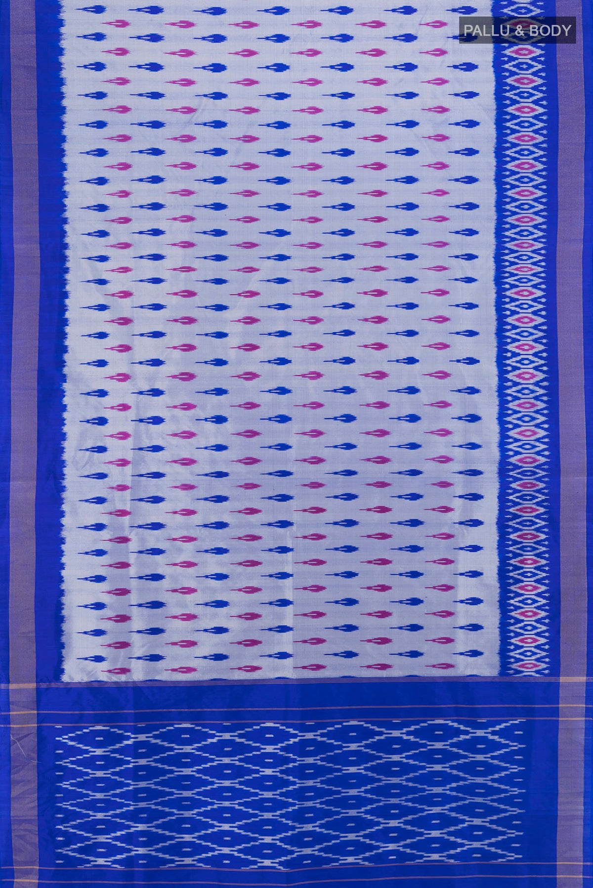 Flat view of Pure Silk Grey Pochampally Saree with Ikat Print on the body and Ikat Border. 