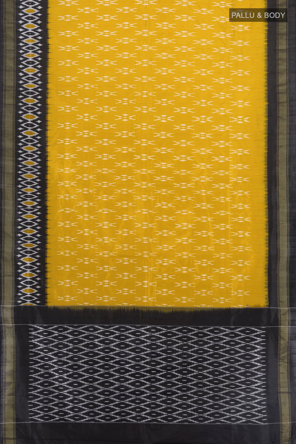 Flat view of Yellow Pochampally Silk Saree with Pure Ikat on the body and Ikat Border. 