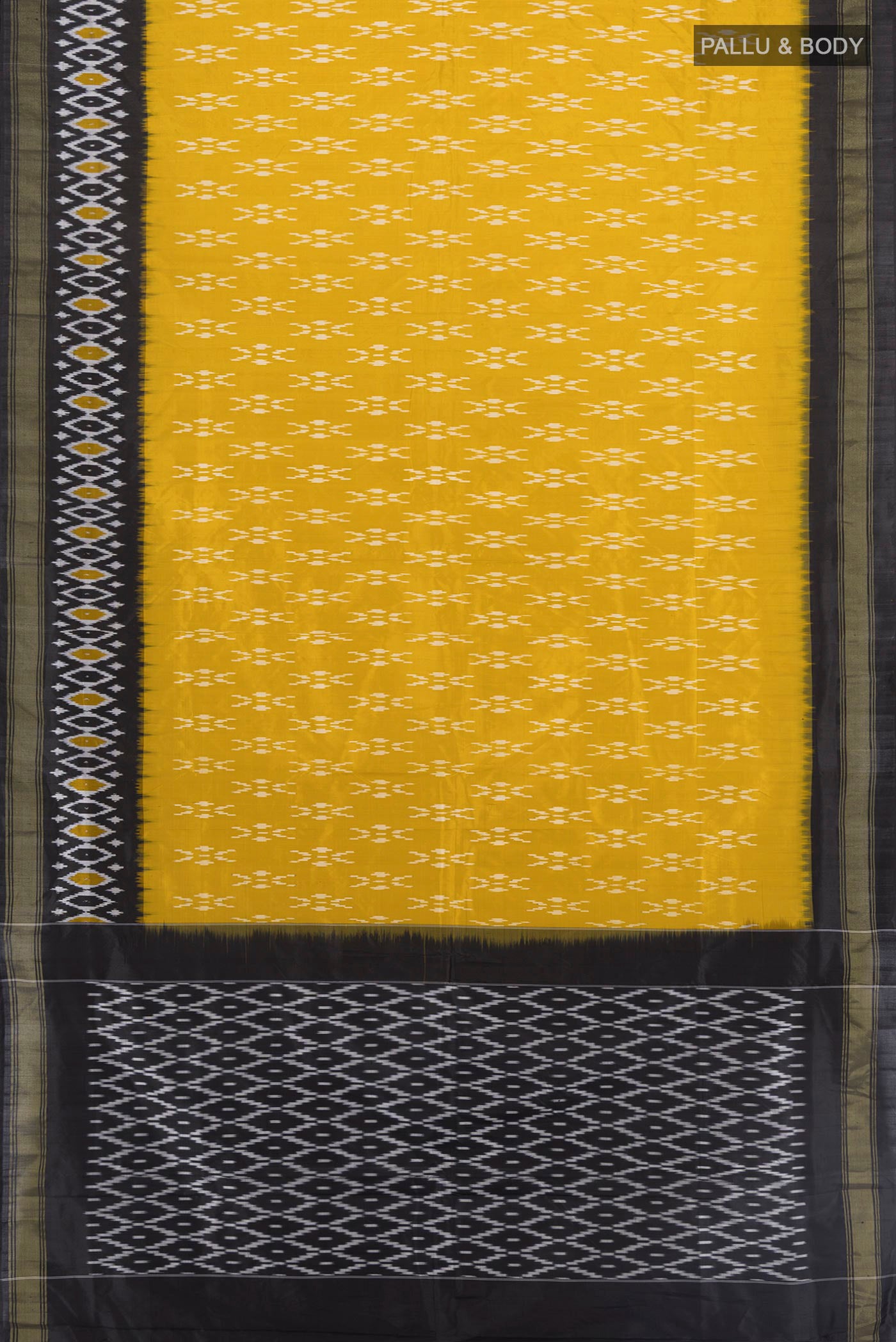 Flat view of Yellow Pochampally Silk Saree with Pure Ikat on the body and Ikat Border. 