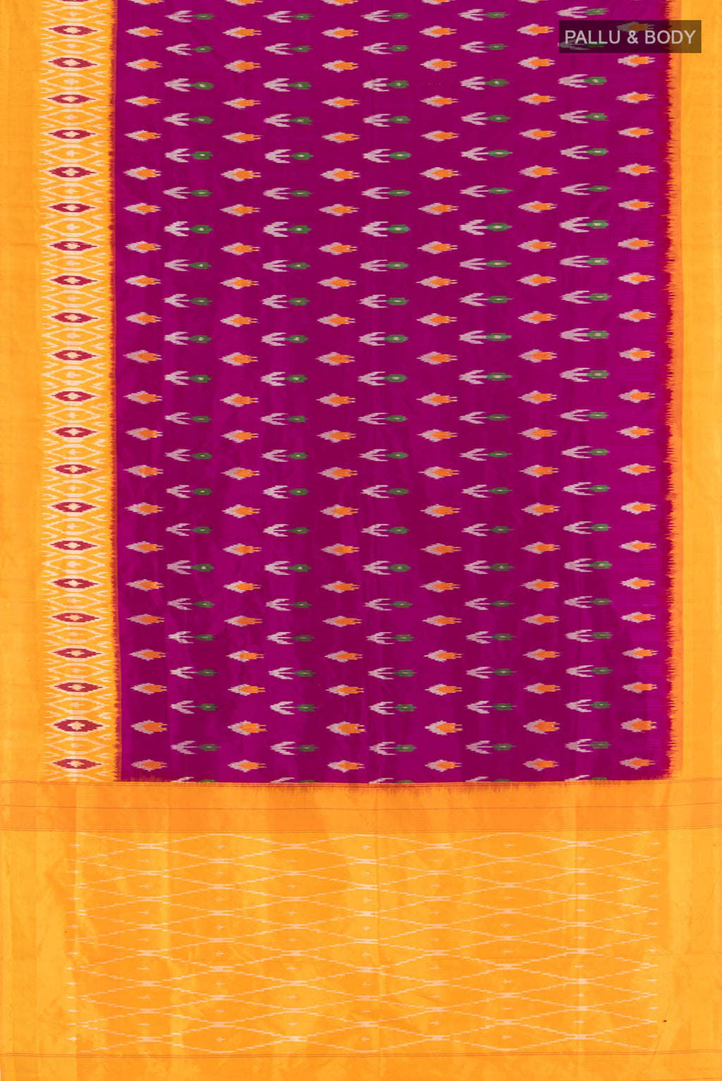 Flat view of Purple Pochampally Silk Saree with Pure Ikat on the body and Ikat Border. 