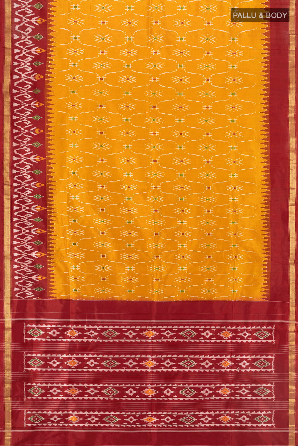 Flat view of Mustard Pochampally Silk Saree with Pure Ikat on the body and Ikat Border. 