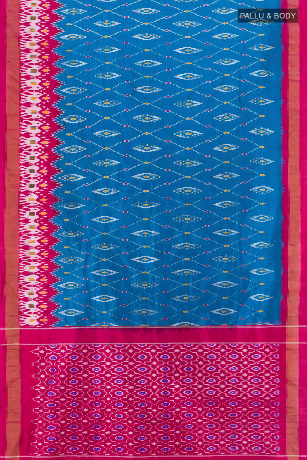 Flat view of Blue Pochampally Silk Saree with Pure Ikat on the body and Zari Border. 
