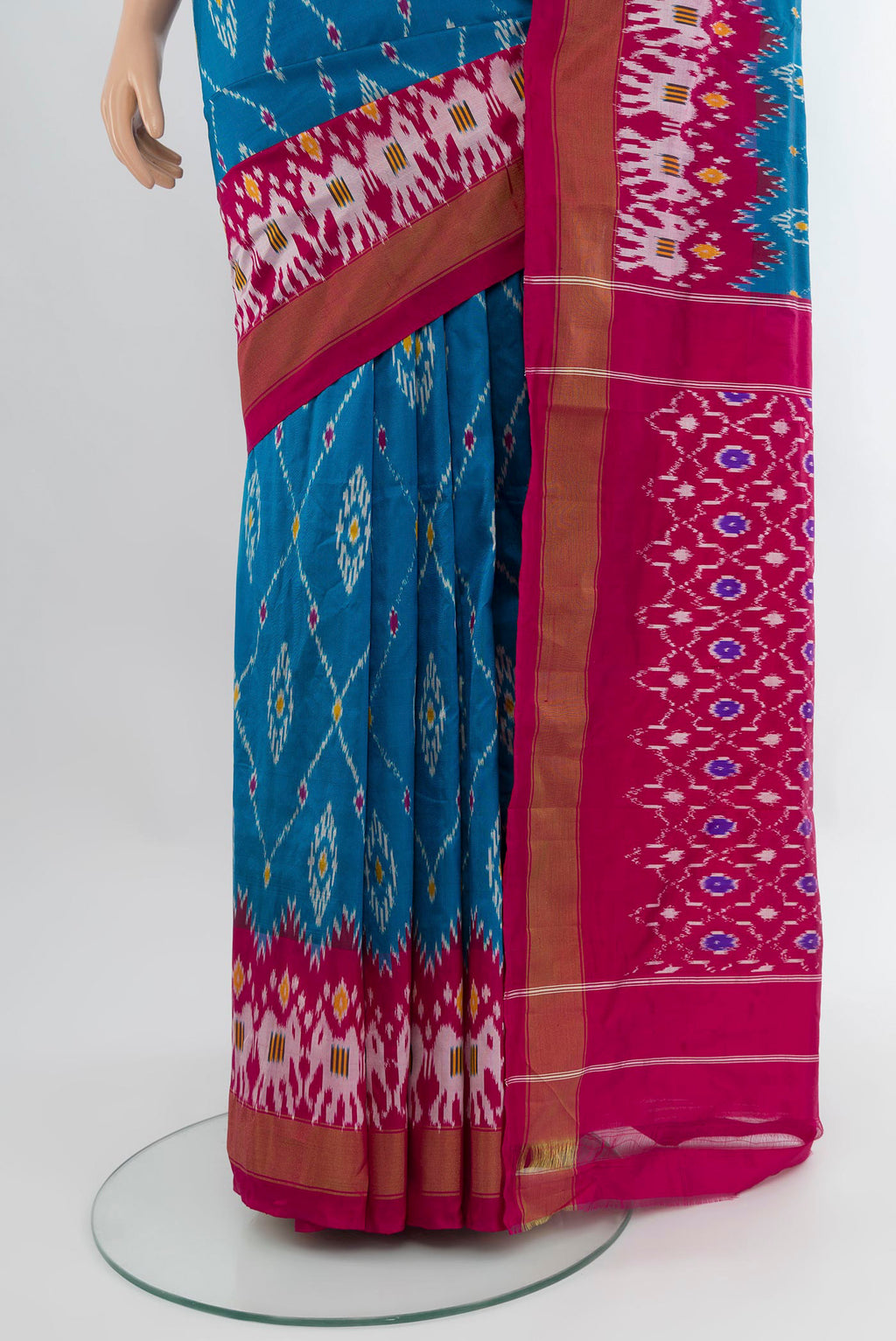 Pleats and pallu of Blue Pochampally Silk Saree with Pure Ikat on the body and Zari Border. 