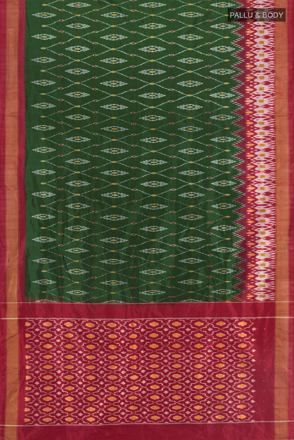 Flat view of Bottle Green Pochampally Silk Saree with Ikat design on the body and Zari Border. 