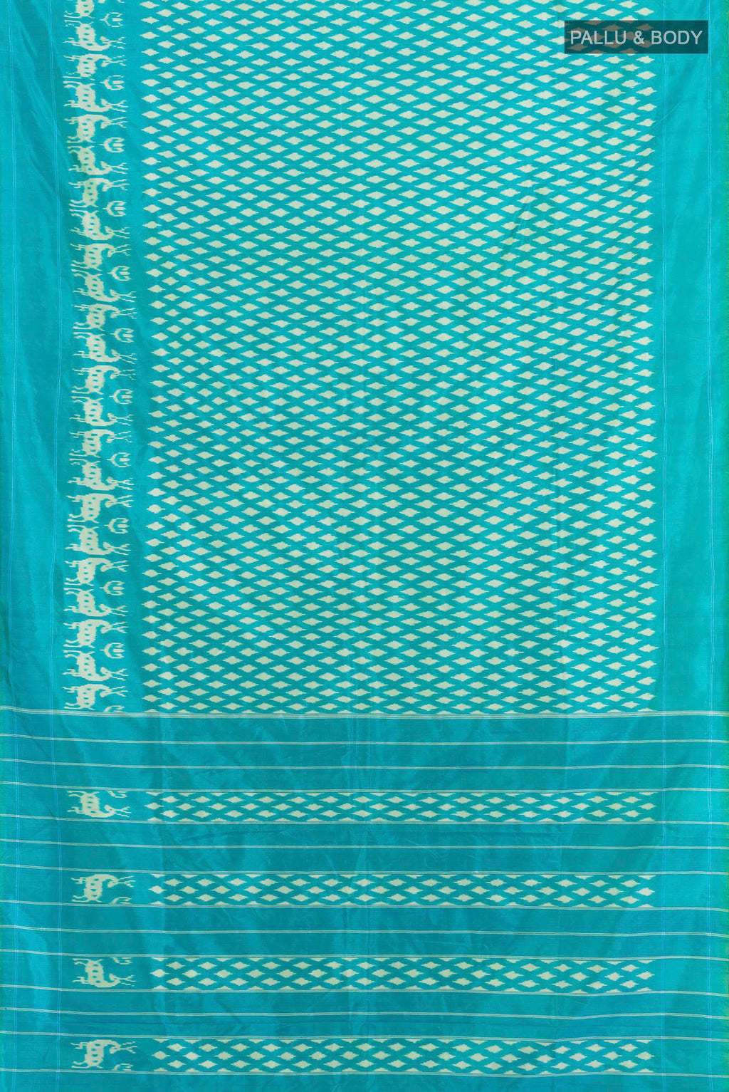 Flat view of Light Blue Pochampally Silk Saree with Pure Ikat on the body and Plain Border. 
