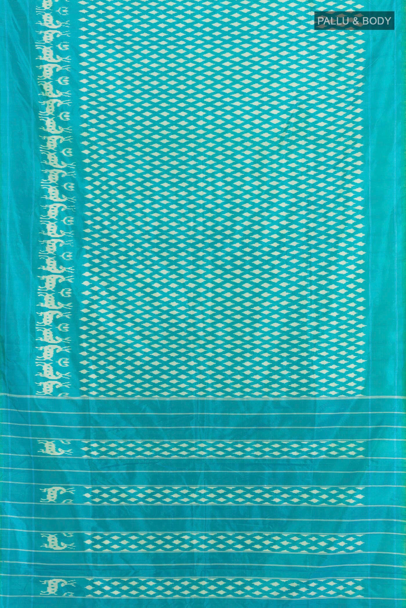 Flat view of Light Blue Pochampally Silk Saree with Pure Ikat on the body and Plain Border. 